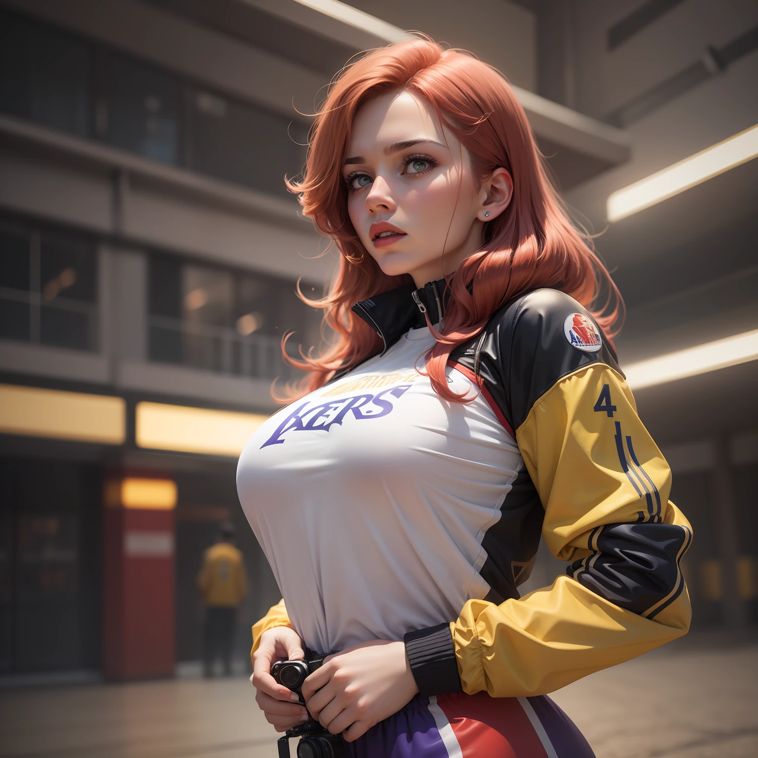 "A Ukrainian woman, with big breasts, in a basketball jacket with the colors of the Lakers, red lipstick, red hair, standing in a square. The environment is dark, with lighting that highlights the shadows. The scene conveys an intense sense of loneliness and isolation. Distant lights are obscured by the night, producing trails of colorful and vibrant lights in the background. The camera is positioned at a dynamic angle, as if it were a film shot, giving a sense of action and suspense."