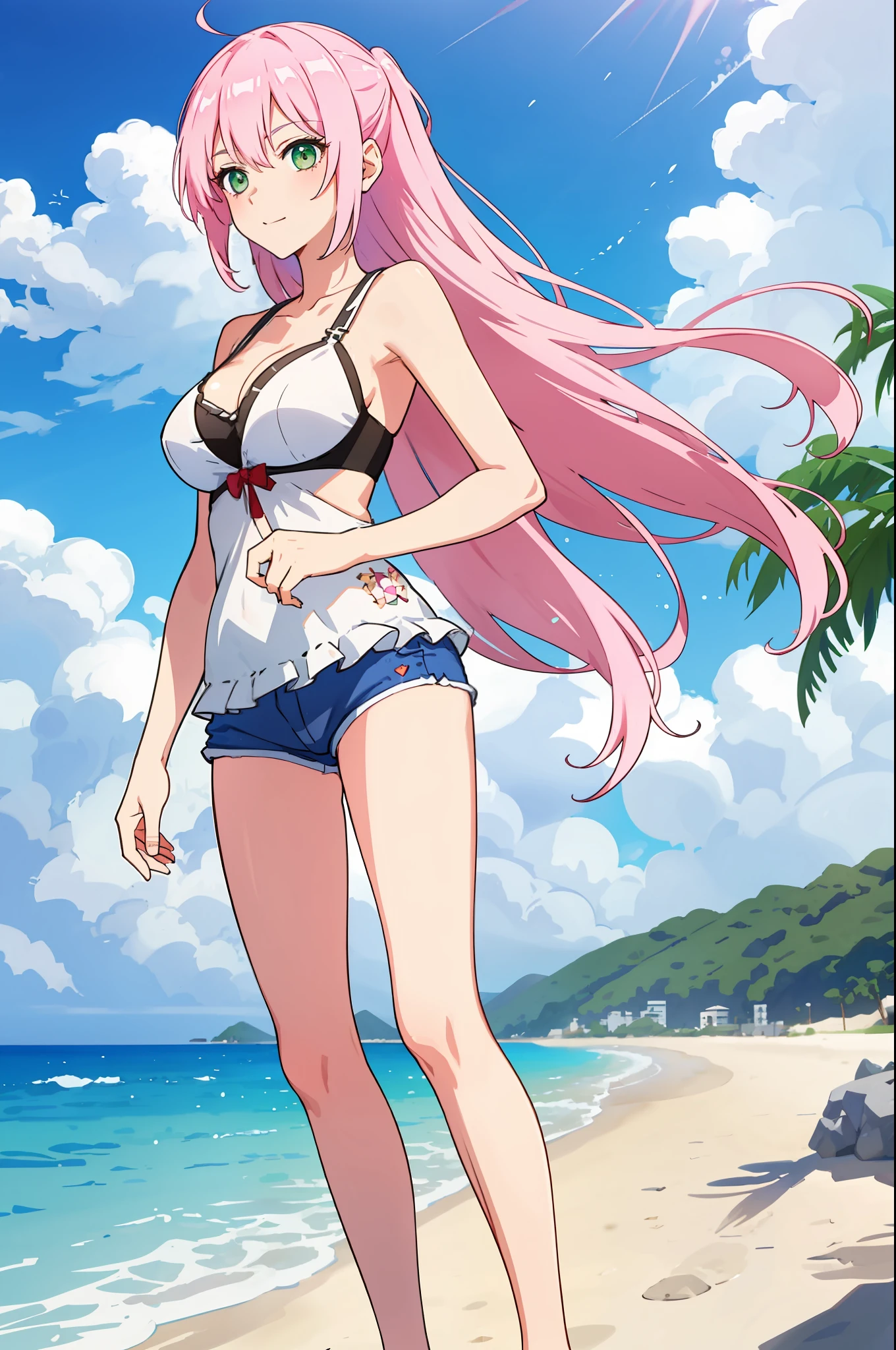 shikimori, medium breast, slim legs, sunny day, Beach, leaning, beautiful eyes, green eyes, nervous