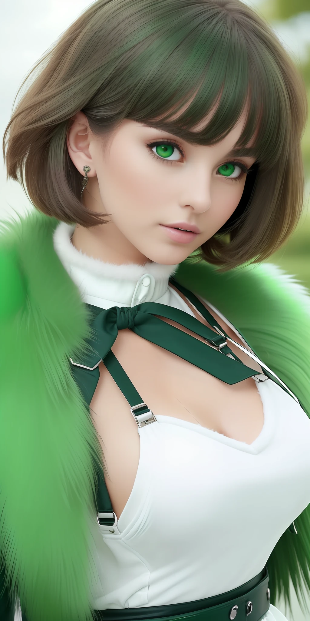 The best possible quality ((high resolution 8k)),a beautiful woman, the most beautiful girl, the best, beautiful short hair, short hair with bangs, ((very well detailed green eyes)),((,with a white blouse, suspenders, very dark green mini skirt)),((with a long white and dark green fur coat)),walking, ((with a blouse, dark green mini skirt), very large breasts