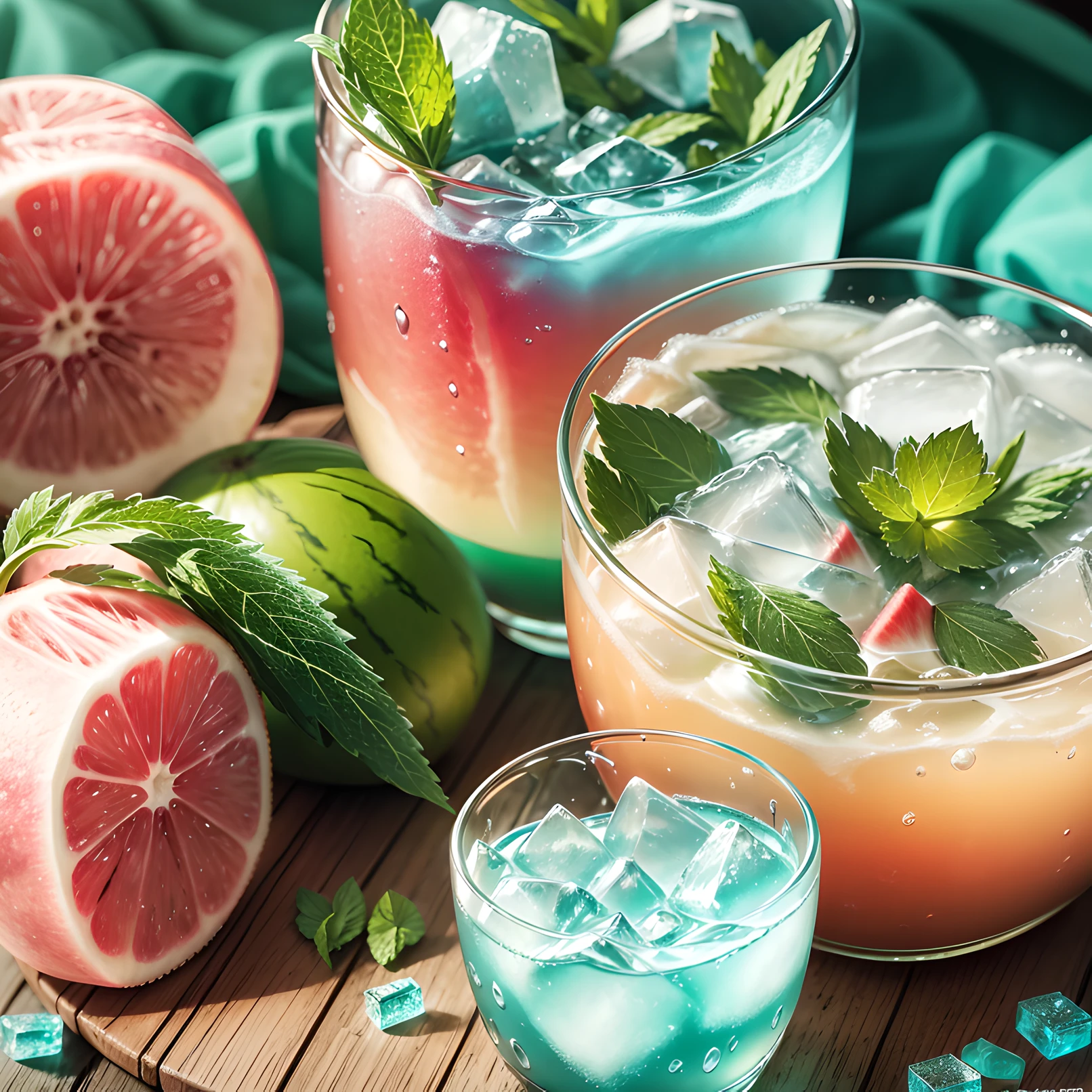 Wallpaper, drinks, ice cubes, watermelon, tropical plants, hot weather, HD detail, wet watermark, hyperdetail, cinematic, surrealism, soft light, deep field focus bokeh, ray tracing, diffuse (ultra-fine glass reflection) and surrealism. --v6