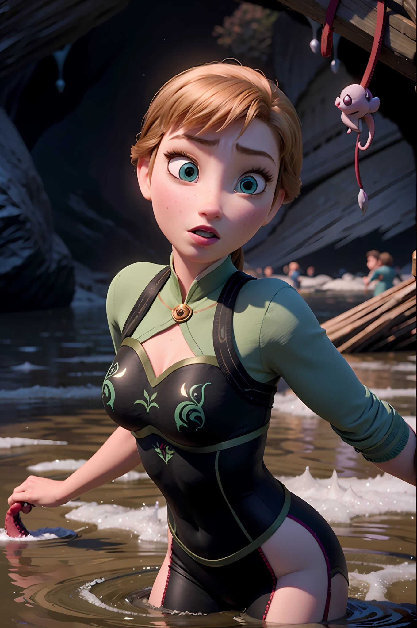 Photo of Anna of Arendelle wearing Blue gym outfit,  immobilized in the air by tentacles, in a scary flooded cavern , not enjoying herself, sad look, ashamed