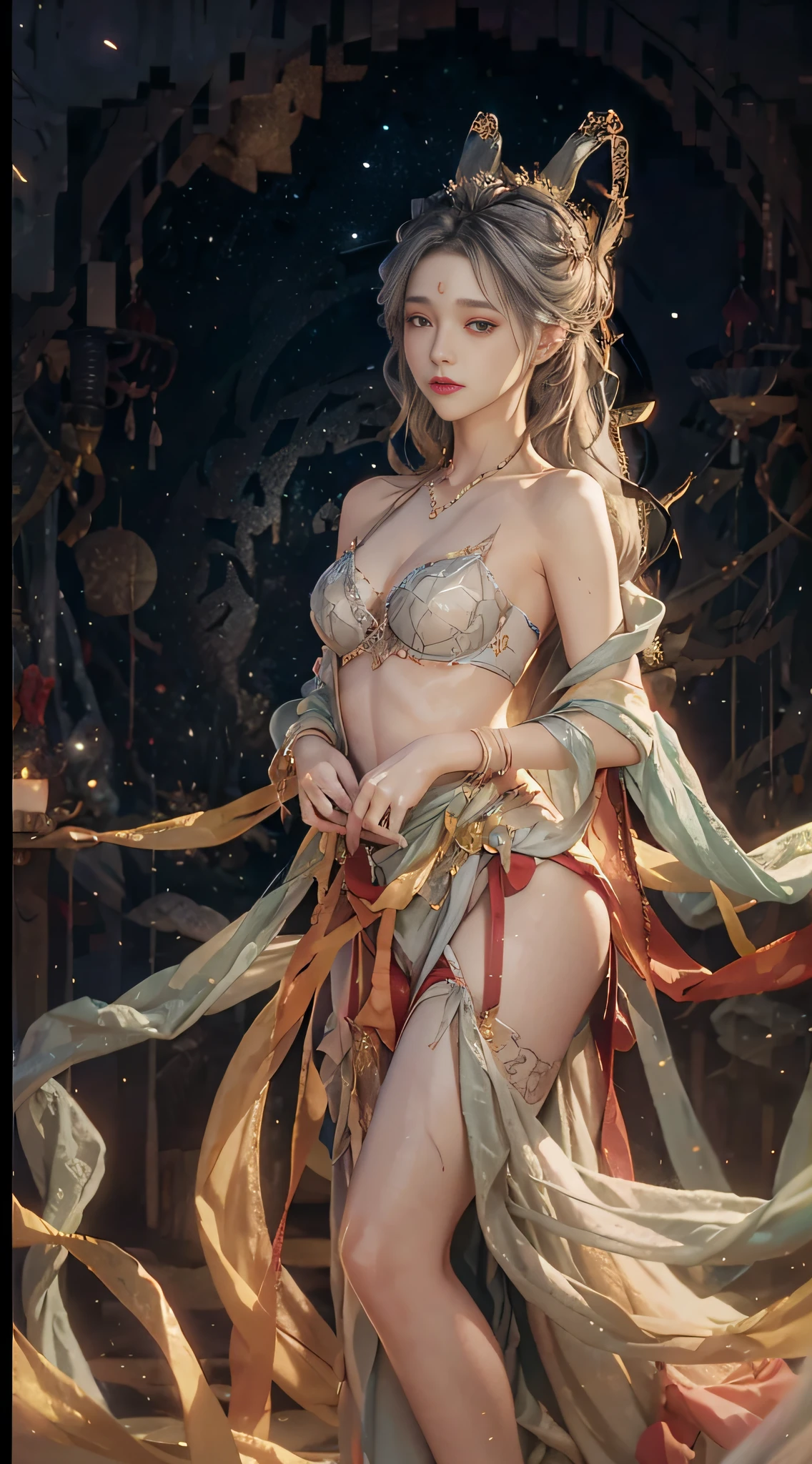 Starry sky time-lapse photography, cloudy wonderland, (from the outside) (shiny skin), many colors, the best quality, masterpieces, realistic photos, intricate details, erotic lingerie, gray hair, extra-long hair, bare shoulders,