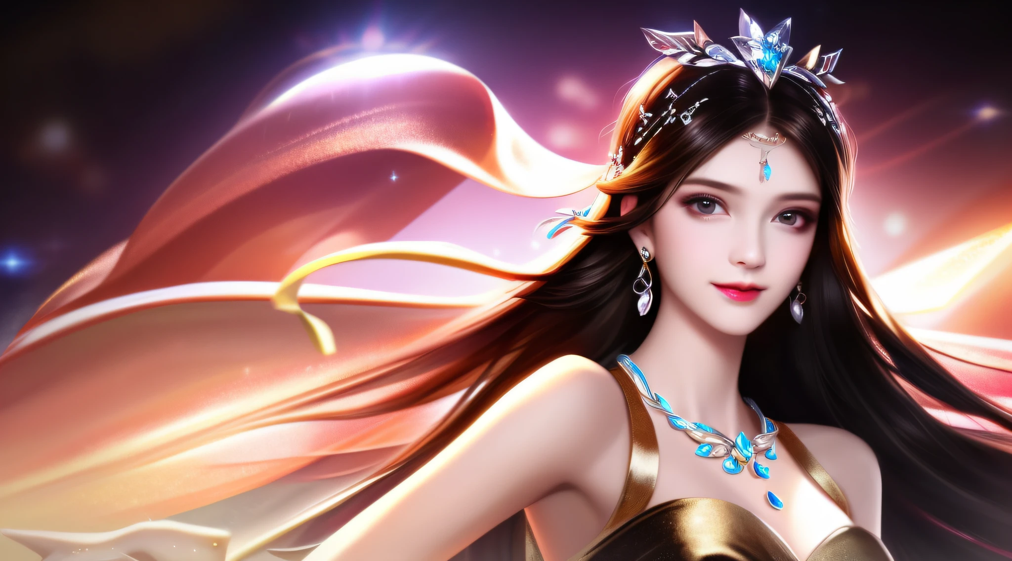 Best quality, masterpiece, high resolution, 1girl, clear silk porcelain dress, beautiful face, hair accessories, looking at the audience, smiling, close your mouth, lips, dress, hair accessories, necklaces, jewelry, long hair, earrings, beautiful face, on the body, Tindal effect, realism, dark studio, edge lighting, two-tone lighting, (high detail skin: 1.2), 8k UHD, DSLR, soft light, high quality, volumetric lighting, photo, high resolution 4K, 8k, blurred background