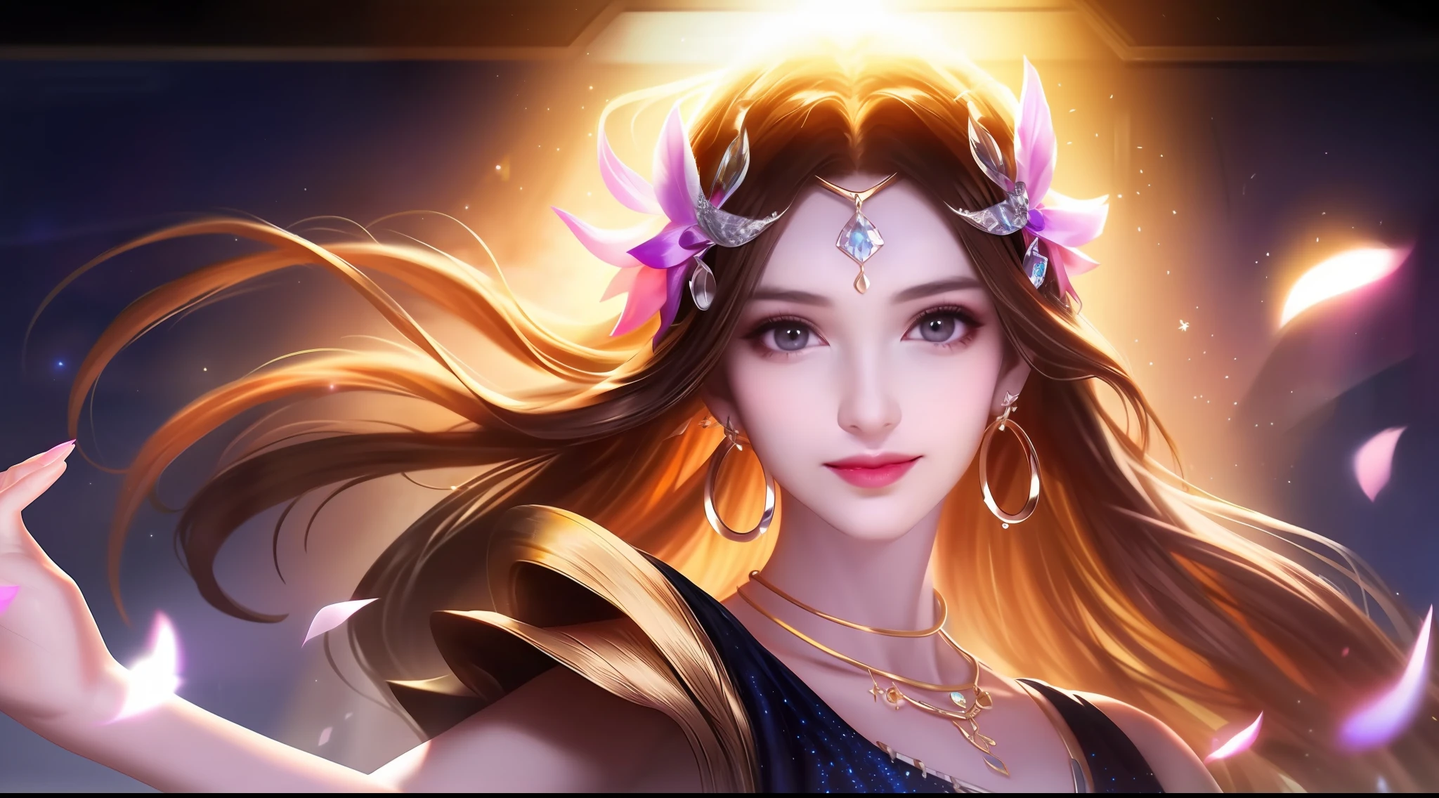 Best quality, masterpiece, high resolution, 1girl, clear silk porcelain dress, beautiful face, hair accessories, looking at the audience, smiling, close your mouth, lips, dress, hair accessories, necklaces, jewelry, long hair, earrings, beautiful face, on the body, Tindal effect, realism, dark studio, edge lighting, two-tone lighting, (high detail skin: 1.2), 8k UHD, DSLR, soft light, high quality, volumetric lighting, photo, high resolution 4K, 8k, blurred background