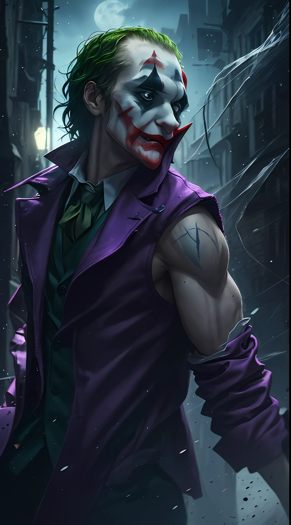 (Joker), clothing),colors, is imposing in a lost Gothic city. Moonlight highlights your (muscles and scars). The scenery is lush and mysterious, with futuristic technology and surroundings.