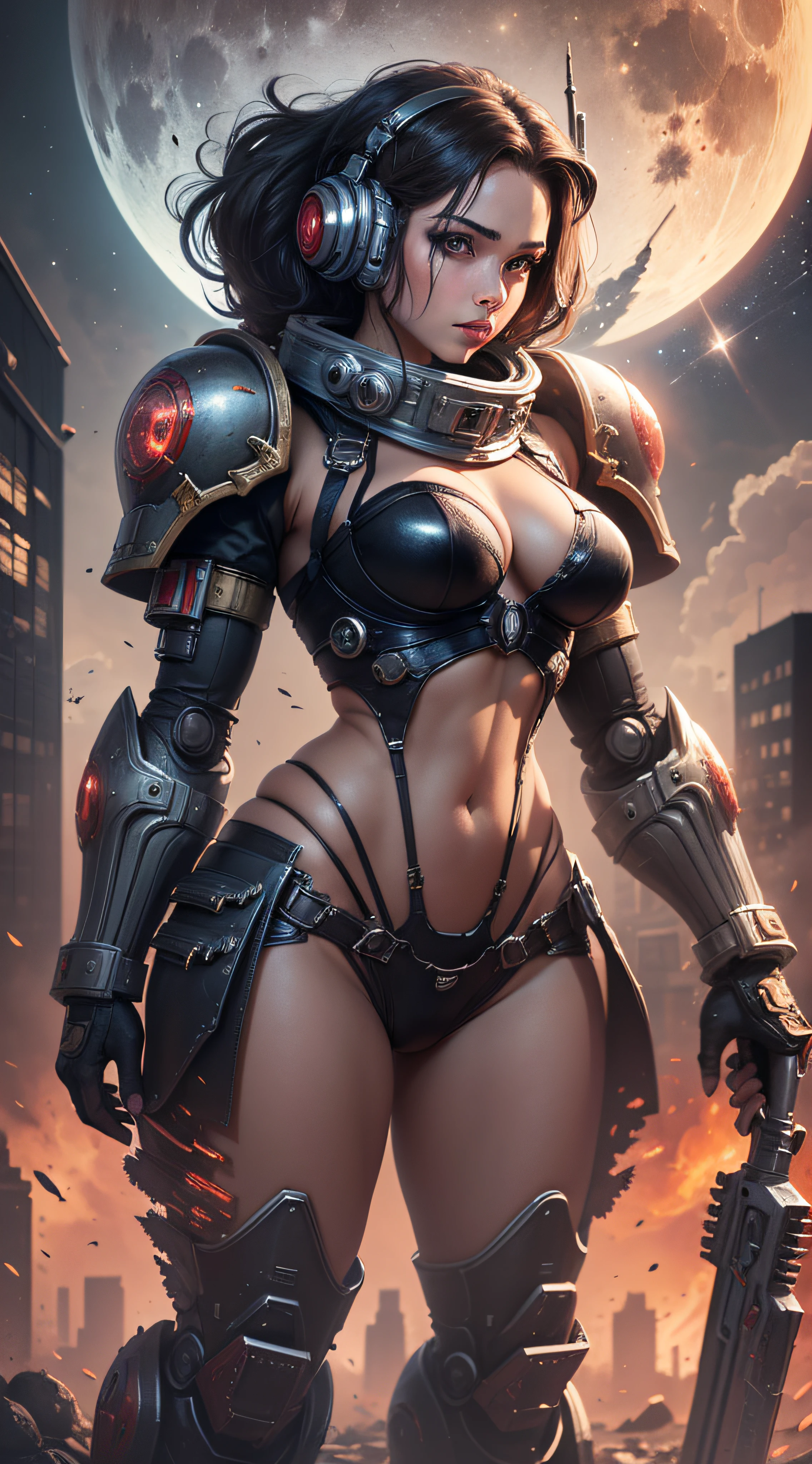 Space Marine, Harhammer 40,000, World at War, Beautiful Cyberpunk Woman with Very Detailed Mecha Treatment, Vibrant Colors, Metallic Red, Bloodstained, With Sky With Clouds And Full Moon, Full Body With Detailed Armor,