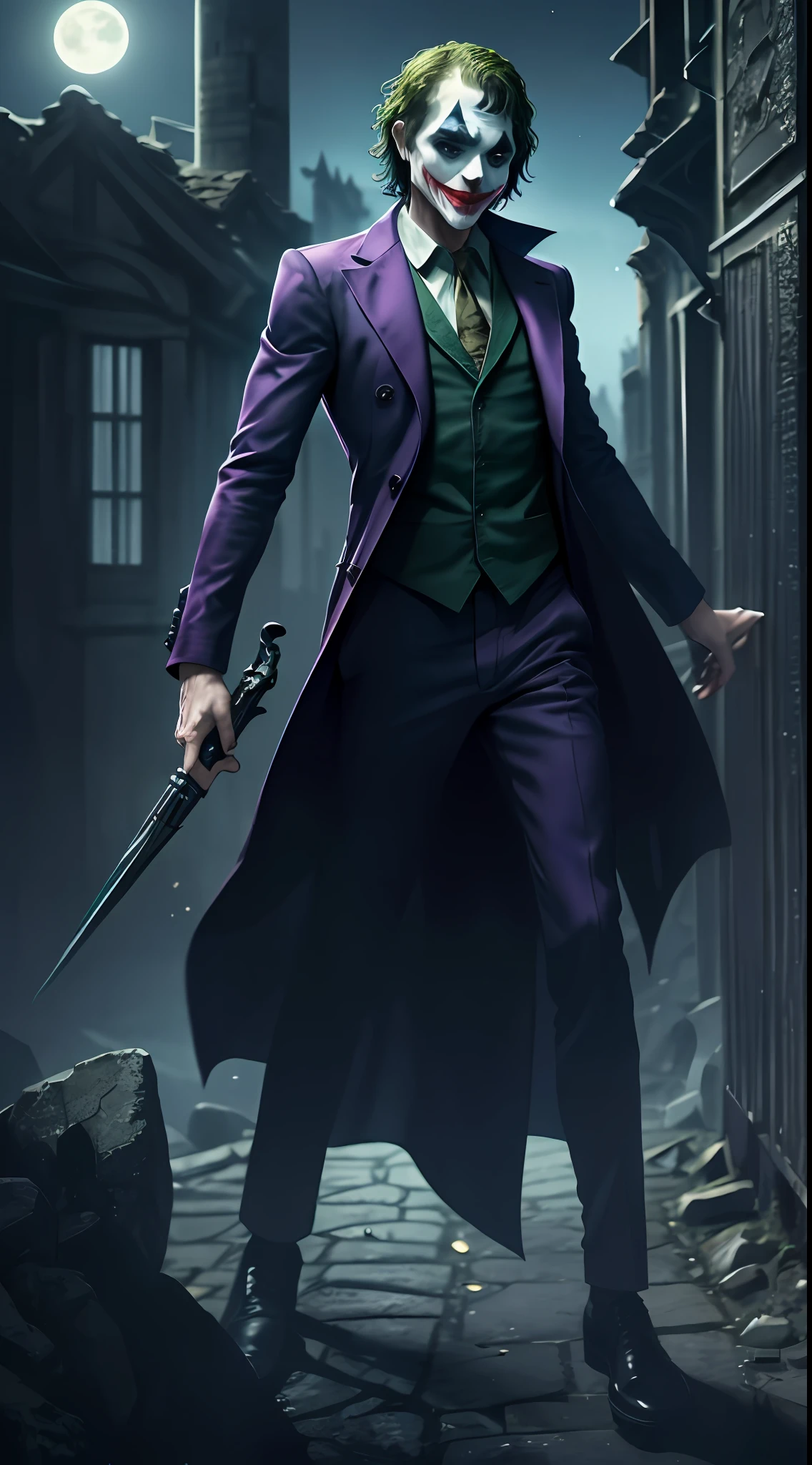 (Joker), clothing),colors, is imposing in a lost Gothic city. Moonlight highlights your (muscles and scars). The scenery is lush and mysterious, with futuristic technology and surroundings.