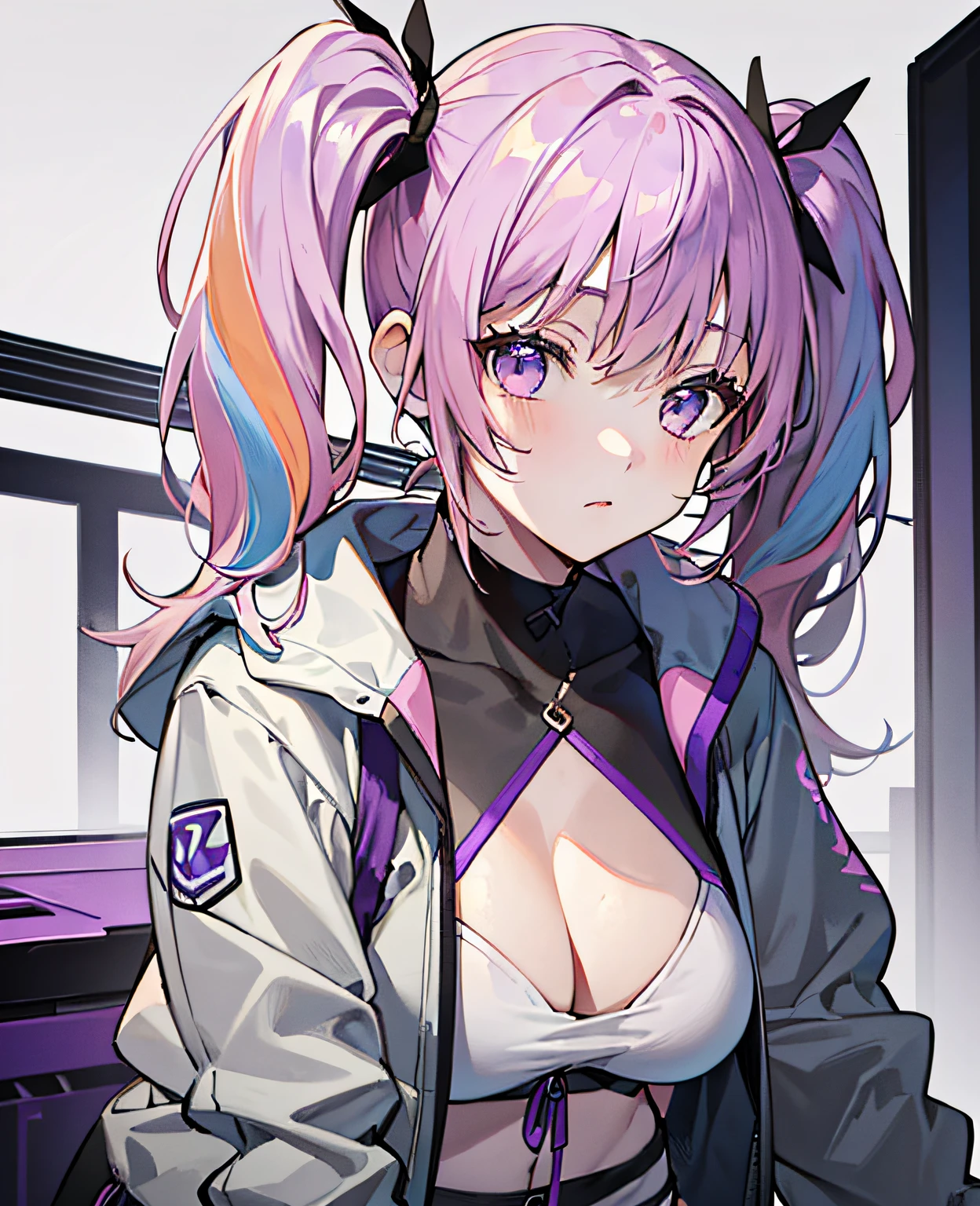 (Best Quality, Masterpiece), ((1 girl))))), (Female-centered), ((Twin Tails)), (Pink hair)) (Parker)), standing, White background, Big breasts, ((((Gray shorts)))), (((Beautiful purple eyes)