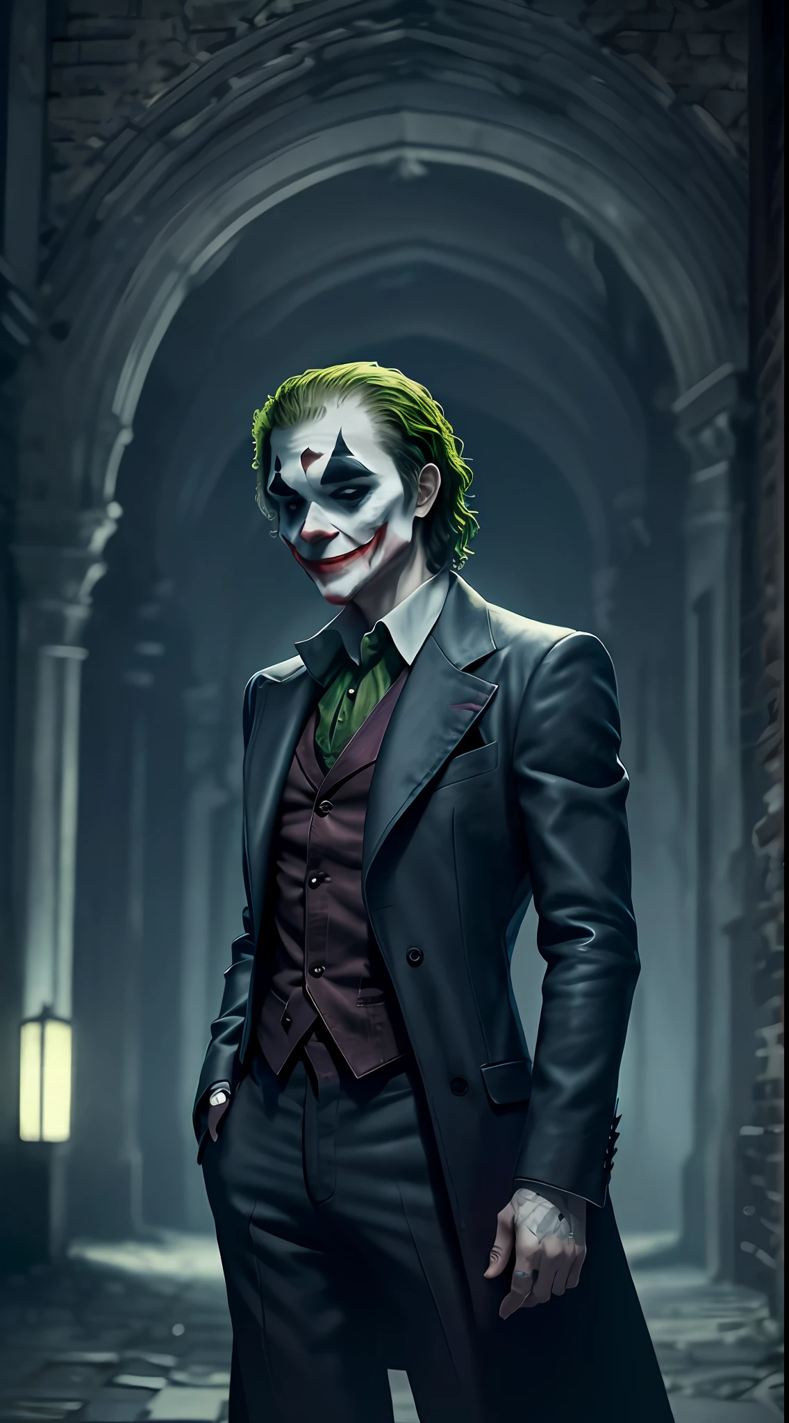 (Joker), clothing),colors, is imposing in a lost Gothic city. Moonlight highlights your (muscles and scars). The scenery is lush and mysterious, with futuristic technology and surroundings.