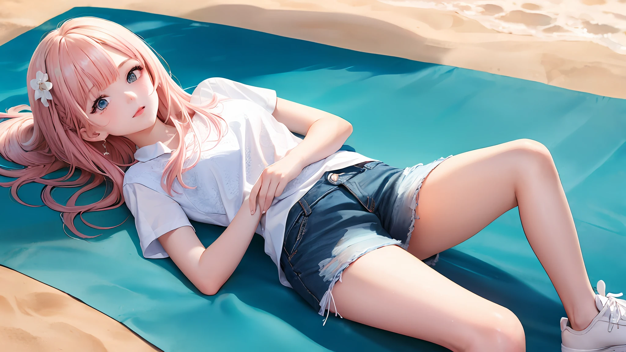 1girl, (masterpiece:1.1), (best quality:1.1), (white blouse:1.1), BREAK [blue:pink:0.5] theme, cowboy shot, full body, sideways view, looking at the audience, break pink hair, long hair, delicate facial features, blue eyes, white flowers, white top, denim miniskirt, white sneakers, lying on your side, beach, selling cute