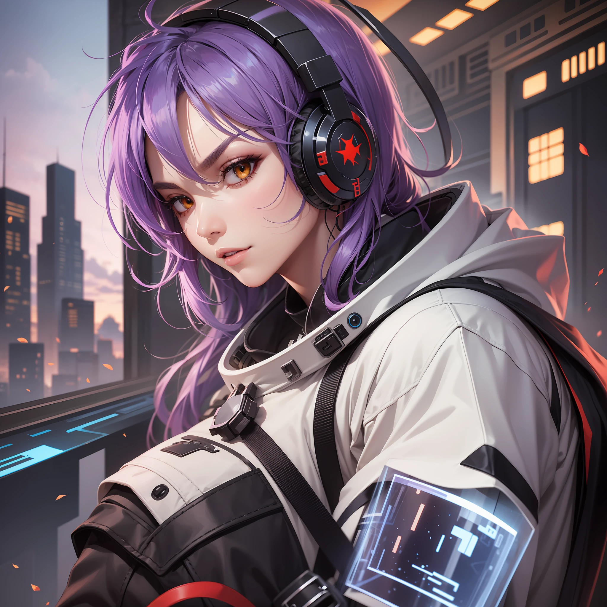 Ninja woman with peace sense headset, closed eyes, beautiful face, RGB colors, bright purple hair, anime, bright background, banner for youtube video, happy girl, clouds with RGB colors, bright RGB colors, full.