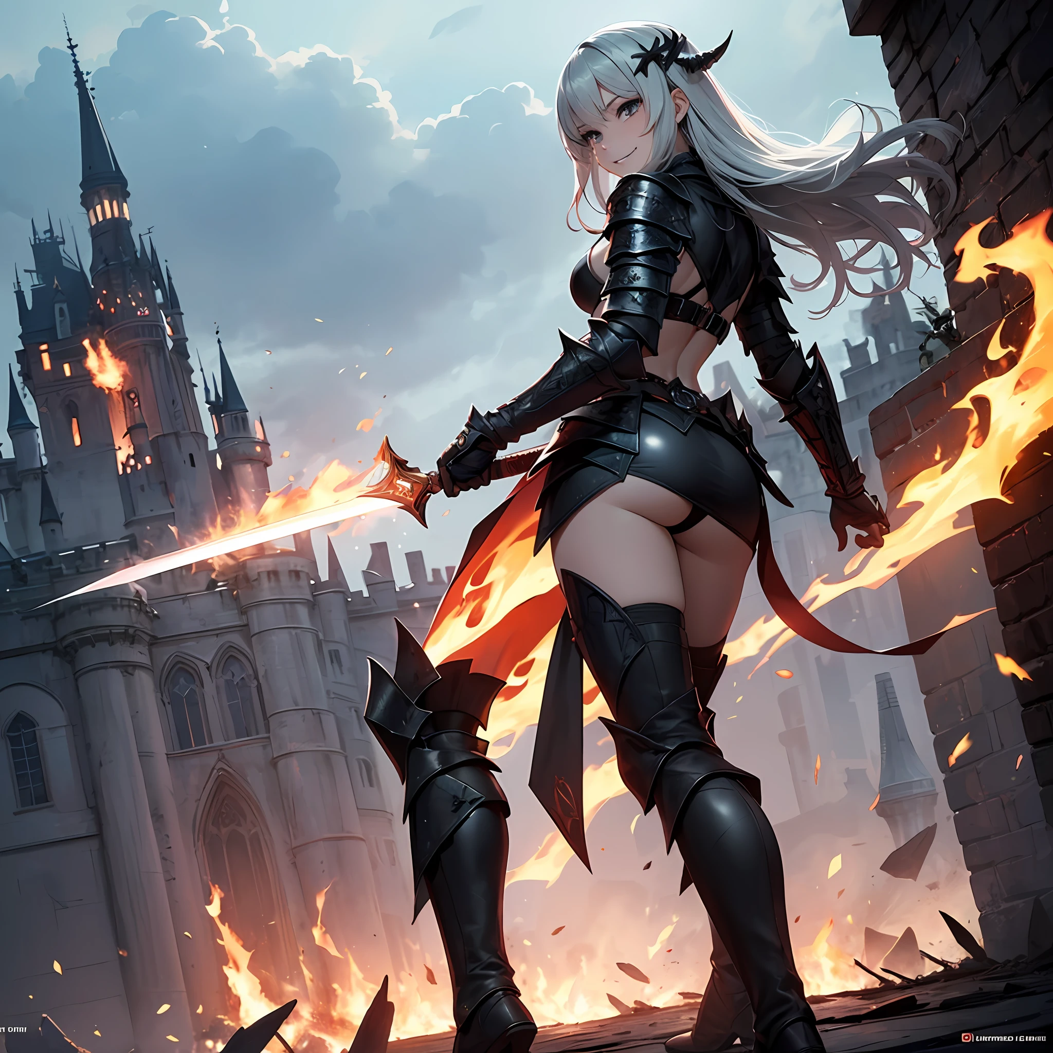 Masterpiece, top quality, insanely detailed, super detailed illustration, one girl, solo, (armor: 1.7), (bikini 1.1), (black feather hair ornament: 1.2), staggering hair, long silver hair, (over-the-knee boots: 1.1), (thigh armor: 1.2), (demon motif: 1.5), cowboy shot, (black armor: 1.5), (pointed armor: 1.7), (tattered armor:1.5), look back, from behind, (dynamic angle), red eye, (evil grin), black eye shadow, (burning castle), (fire effects: 1.2), (gripping thin sword),five finger,