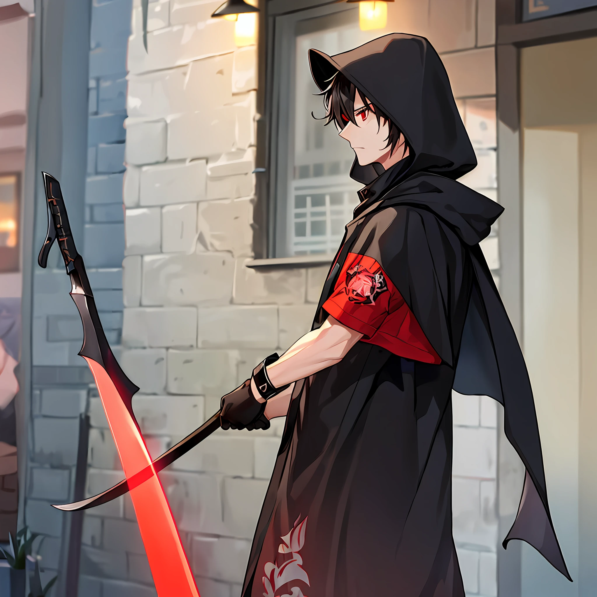 Middle-aged man, long black and messy hair, red eyes, inside is a short sleeve printed with some band names, outside is a pure black length like a cape-like red and black hooded coat, indifferent, armed with a machete, night, outside the tavern