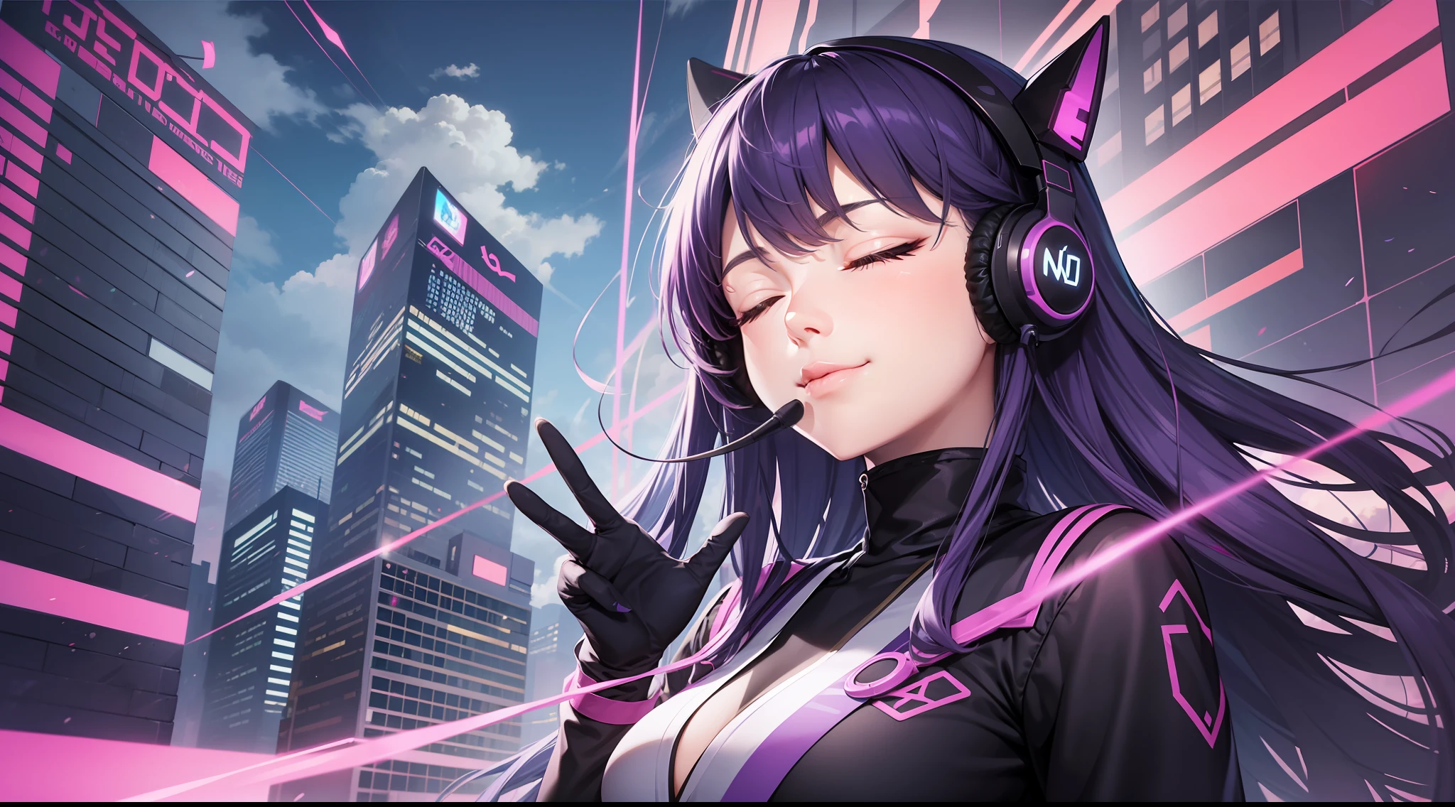 Ninja woman with peace sense headset, closed eyes, beautiful face, RGB colors, bright purple hair, anime, bright background, banner for youtube video, happy girl, clouds with RGB colors, bright RGB colors, full.