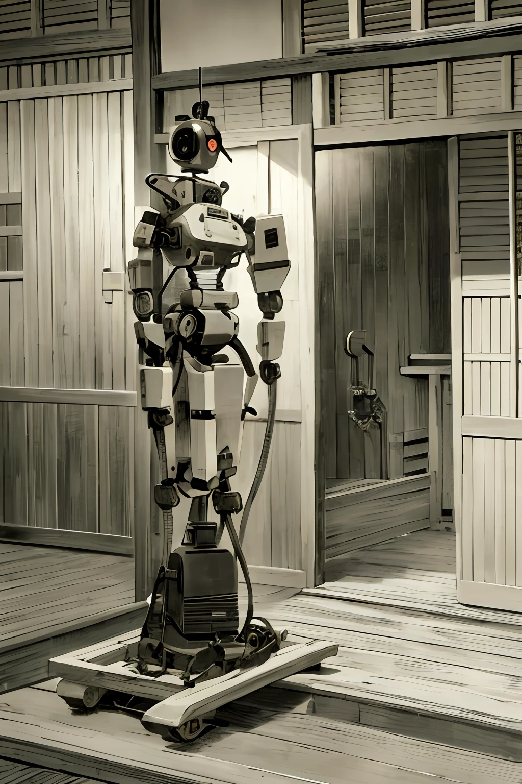 Black and white, Reiwa background, outside, Showa background, Karakuri robot, material, wood, high image quality, delicate machinery, detailed robot, Edo period background, live-action-like, realistic