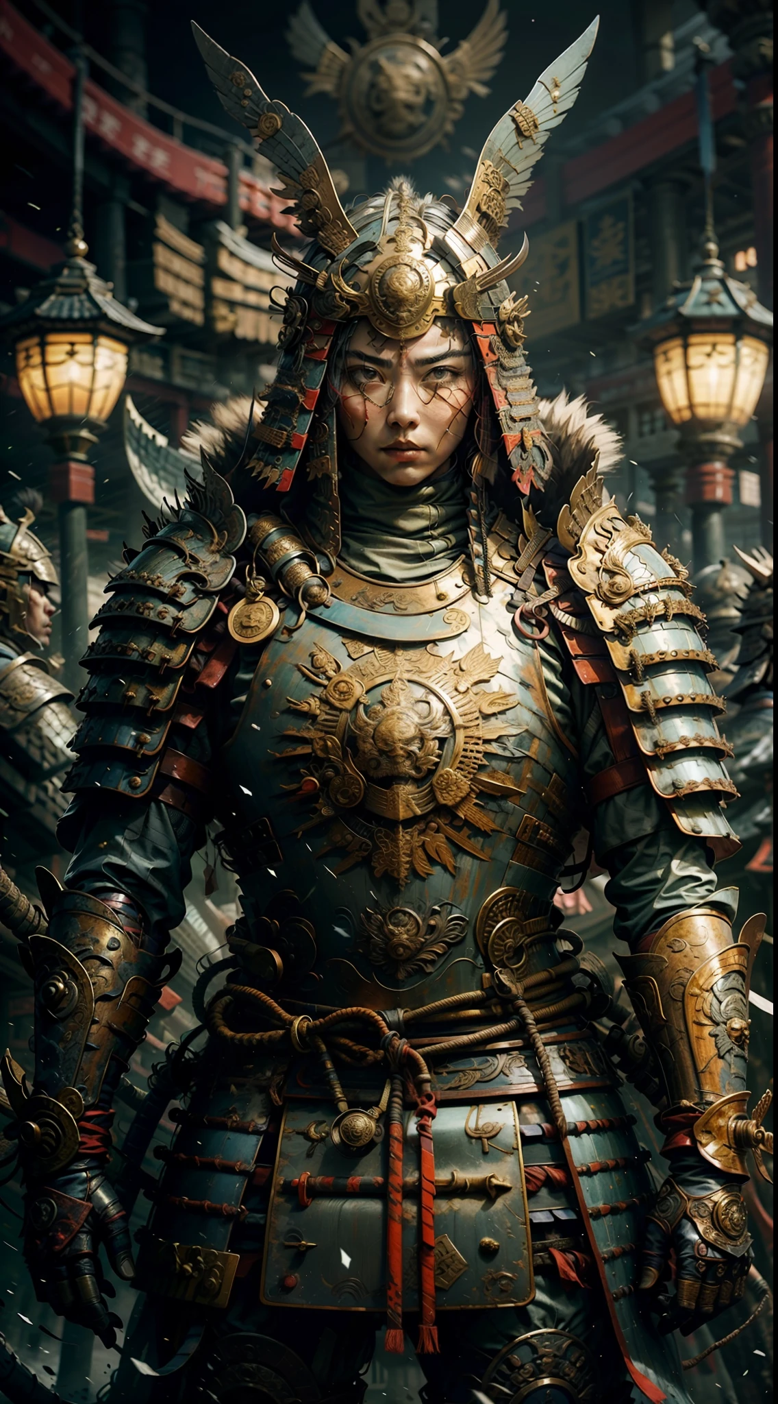 Woman, long haired, skilled and agile samurai, whose armor is adorned with serpent details carved in green jade, armor is elegant and flexible, allowing her to move with grace and precision, Elmo possesses a carved serpent that appears to be moving, while her eyes convey cunning and shrewdness, (Japanese armor samurai: 1.5), broken glass, (masterpiece, side lighting, finely detailed beautiful eyes: 1.2), HDR, (masterpiece), (extremely intricate)