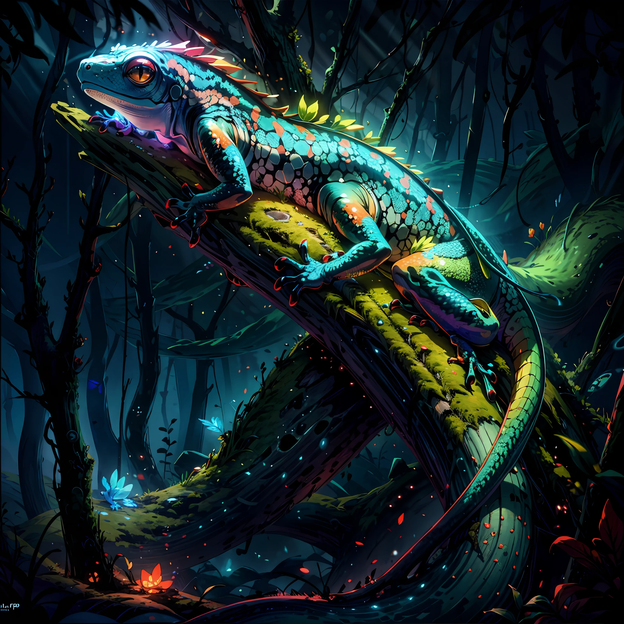 close shot  of a mythical colorful gecko,detailed colorful tail, shiny multicolored scale cover body, detailed scale, detailed skin and eye, the gecko is crawling on a tree branch in an alien forest, looking at the distance with the glowing eyes, multicolored skin with dot and line detail,focus, alien jungle background .BREAK,Detailed realistic,4k highly detailed digital art,octane render, bioluminescent, BREAK 8K resolution concept art, realism,by Mappa studios,masterpiece,best quality,official art,illustration,ligne claire,(cool_color),perfect composition,absurdres, fantasy,focused,rule of thirds,