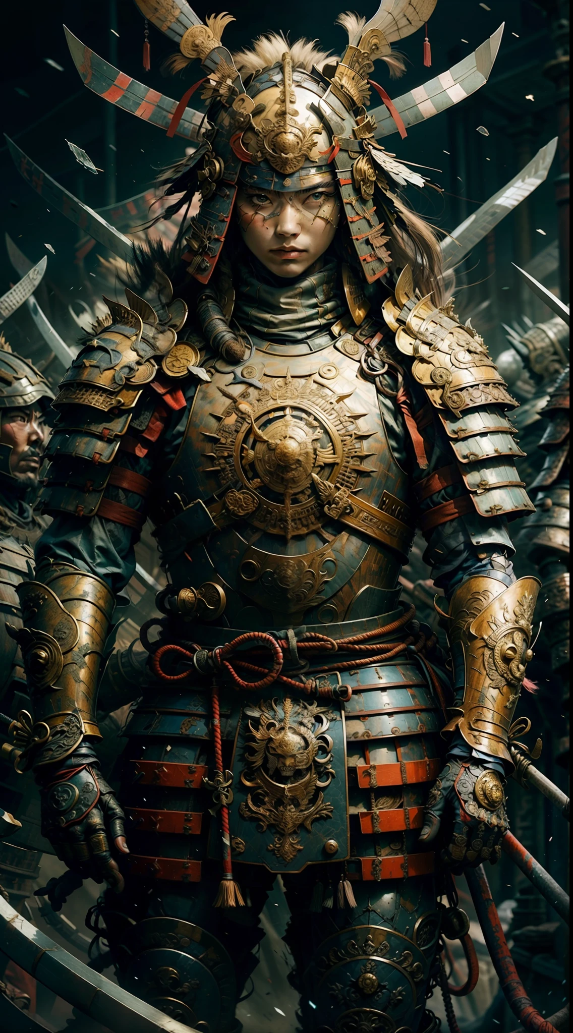 Woman, long haired, skilled and agile samurai, whose armor is adorned with serpent details carved in green jade, armor is elegant and flexible, allowing her to move with grace and precision, Elmo possesses a carved serpent that appears to be moving, while her eyes convey cunning and shrewdness, (Japanese armor samurai: 1.5), broken glass, (masterpiece, side lighting, finely detailed beautiful eyes: 1.2), HDR, (masterpiece), (extremely intricate)