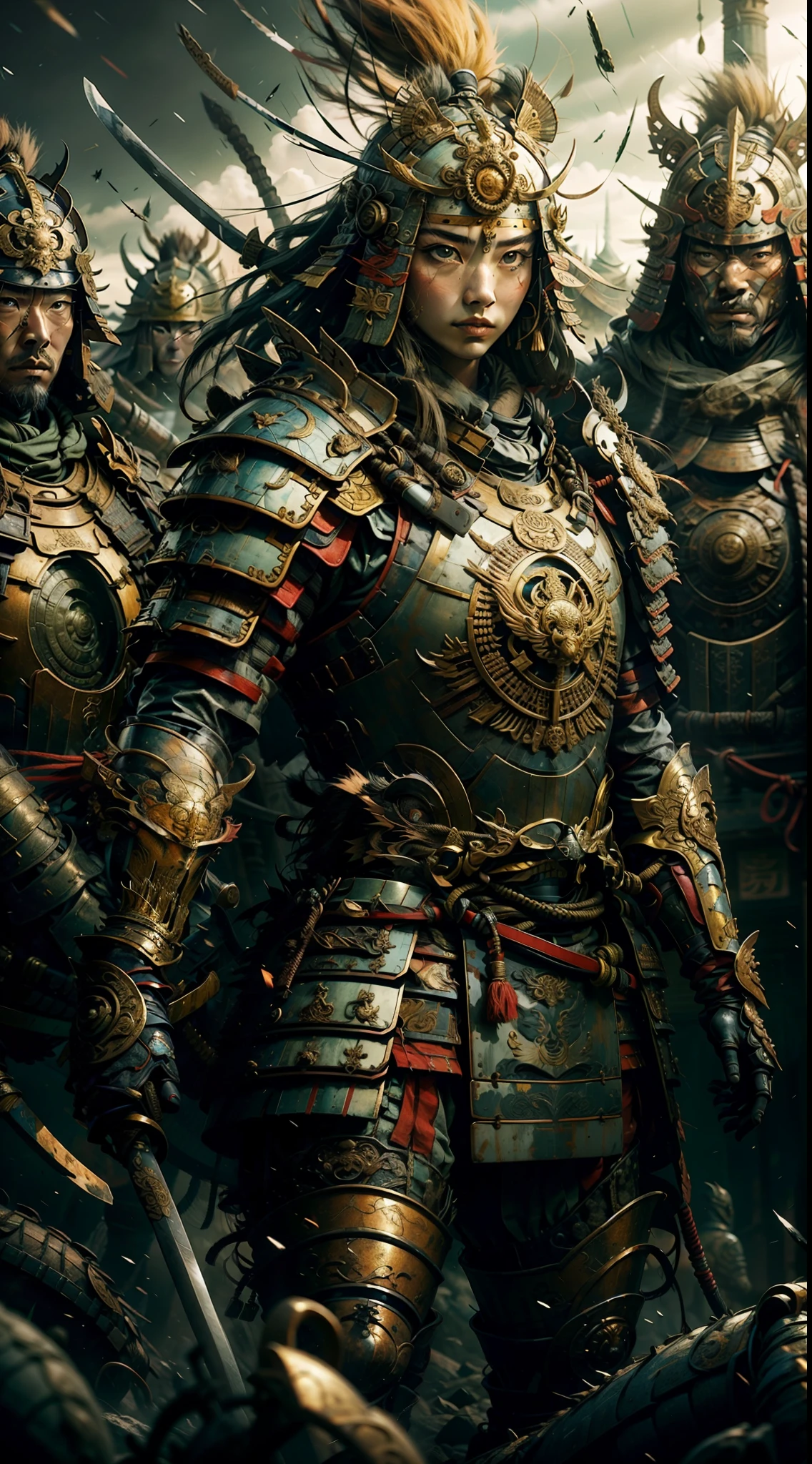 Woman, long haired, skilled and agile samurai, whose armor is adorned with serpent details carved in green jade, armor is elegant and flexible, allowing her to move with grace and precision, Elmo possesses a carved serpent that appears to be moving, while her eyes convey cunning and shrewdness, (Japanese armor samurai: 1.5), broken glass, (masterpiece, side lighting, finely detailed beautiful eyes: 1.2), HDR, (masterpiece), (extremely intricate)