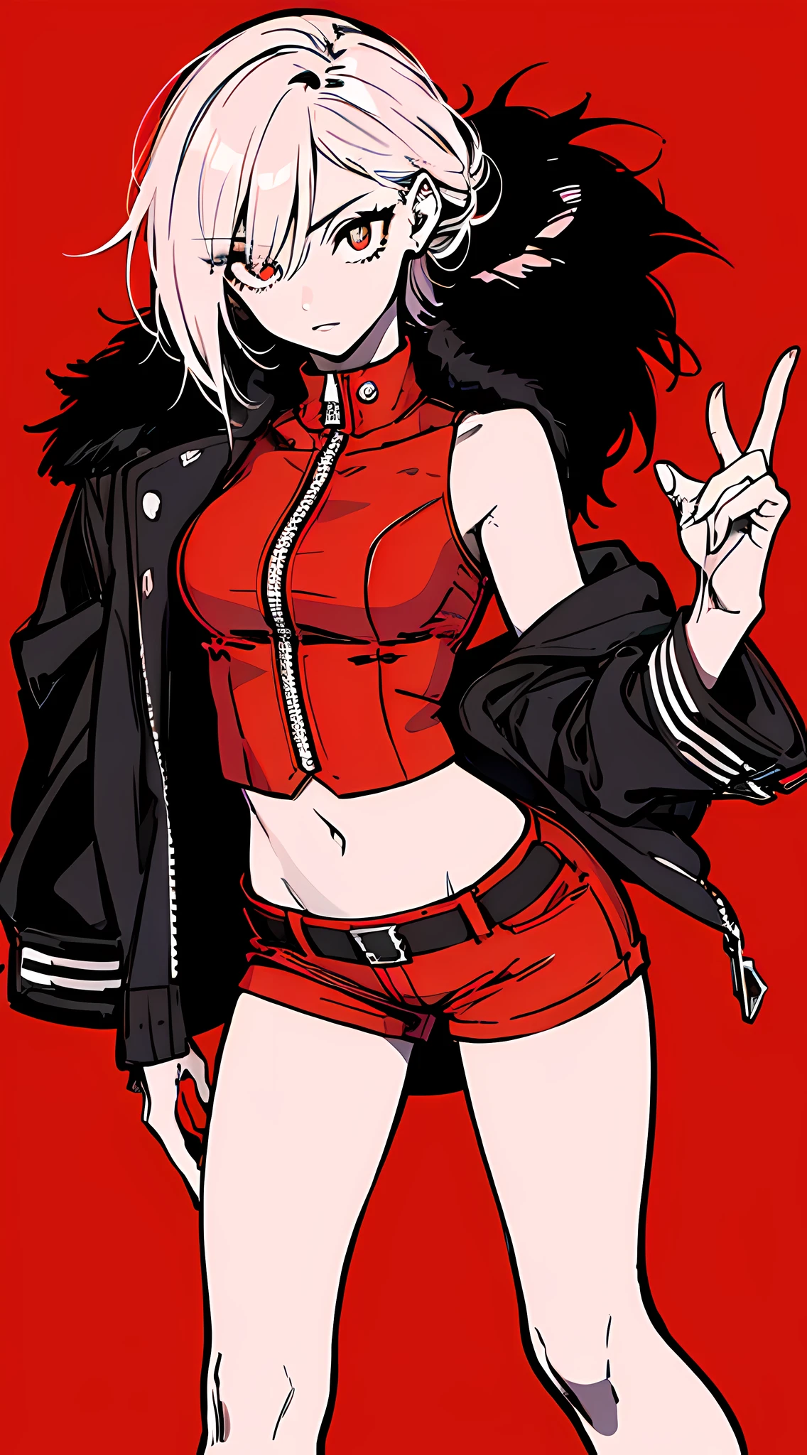 (masterpiece, best quality:1.6), solo, thick outline, (simple background, dark red background, monochrome, dark red theme:1.2), official art, key visual, 8k, absurdres, full body, (unique hair, punks jacket, hotpants, arch back, short torso:1.2), navel, thighs, cowboy shot, HDR, sharp focus, highres, highest detailed, extreme detailed, ultra detailed, finely detail, detailed eyes and face, sharp pupils, realistic pupils