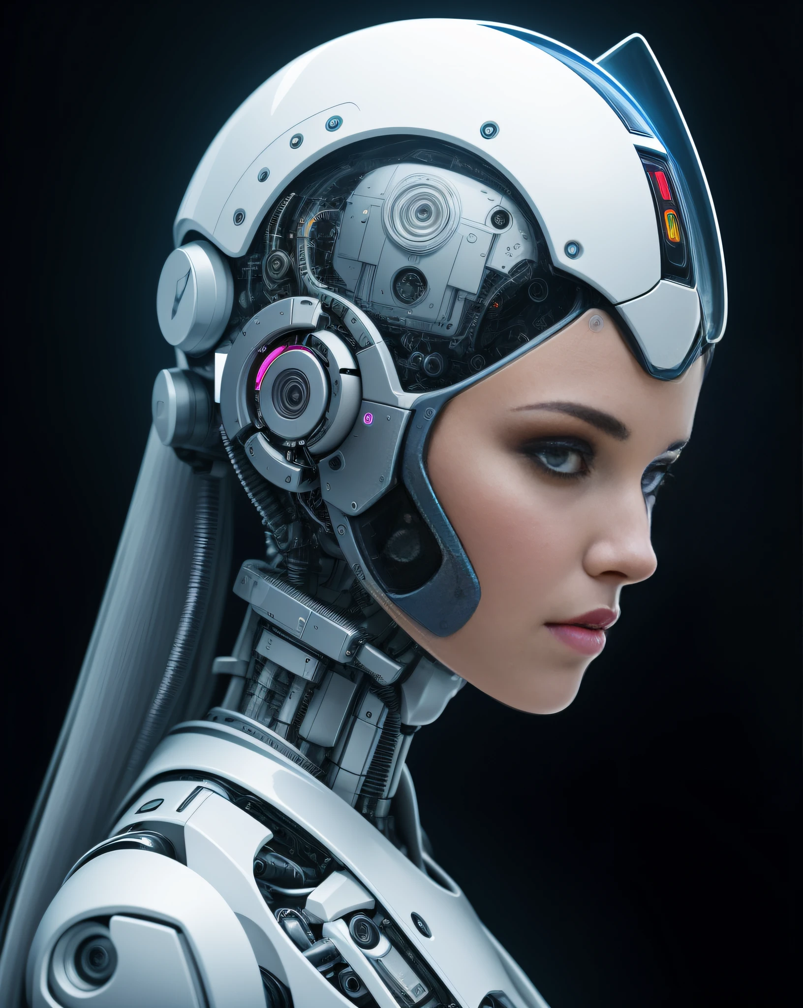a close up of a woman with a futuristic head and a robotic body, cyborg - girl, cyborg girl, cyborg woman, beutiful white girl cyborg, beautiful android woman, beutiful girl cyborg, beautiful cyborg girl, portrait beautiful sci - fi girl, cyborg fashion model, portrait of a futuristic robot, portrait of a cyborg, portrait of a female android, beautiful cyborg woman