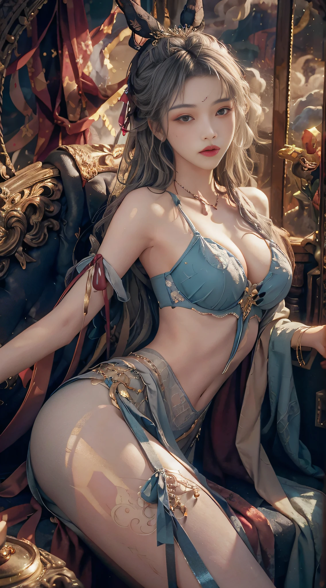 Clouds and mist in wonderland, (from the outside) (shiny skin), many colors, the best quality, masterpieces, realistic photos, intricate details, original photos, inside the plane, erotic lingerie, gray hair, extra-long hair, off-the-shoulders, in makeup, big breasts,