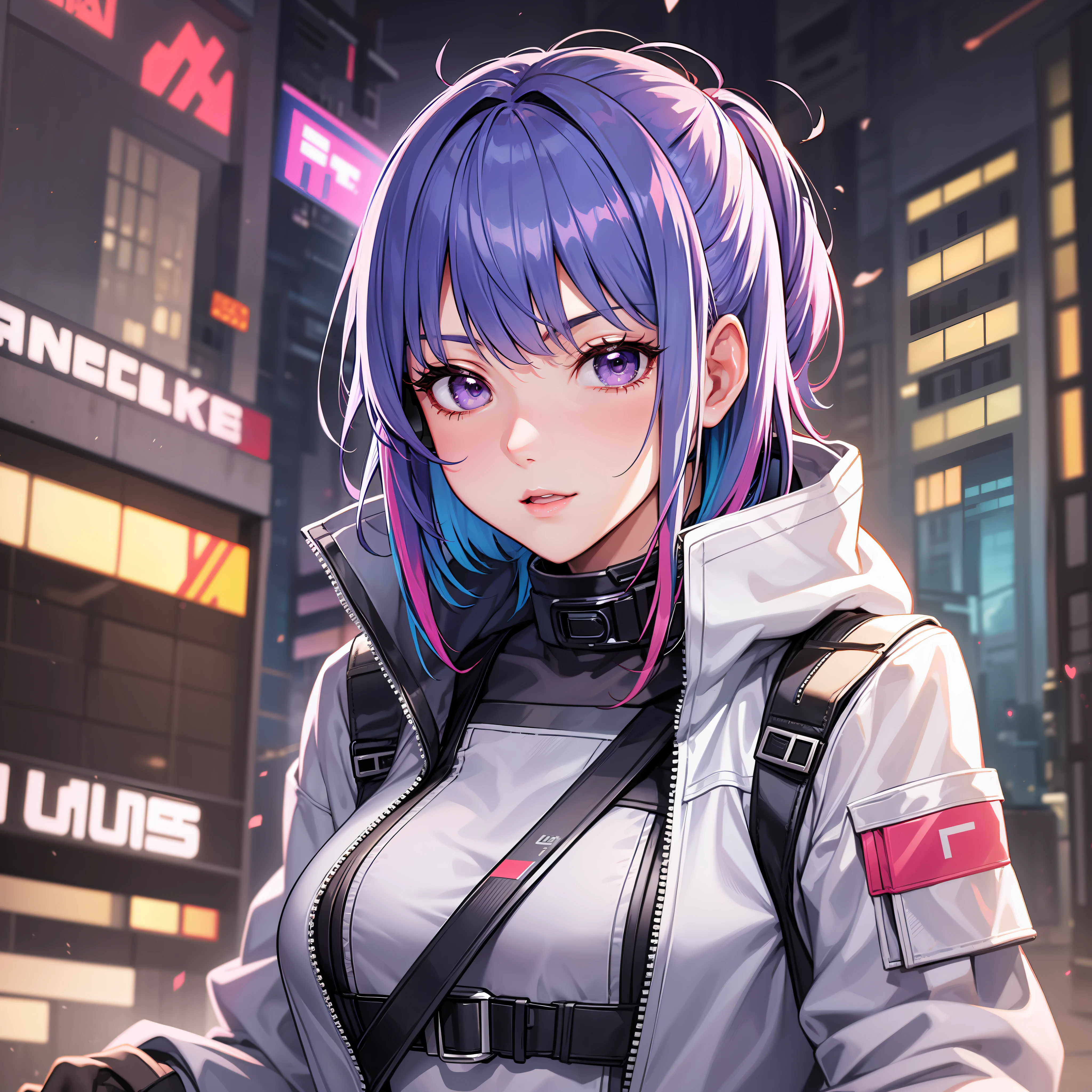 Ninja woman with peace sense headset, closed eyes, beautiful face, RGB colors, bright purple hair, anime, bright background, banner for youtube video, happy girl, clouds with RGB colors, bright RGB colors, full.