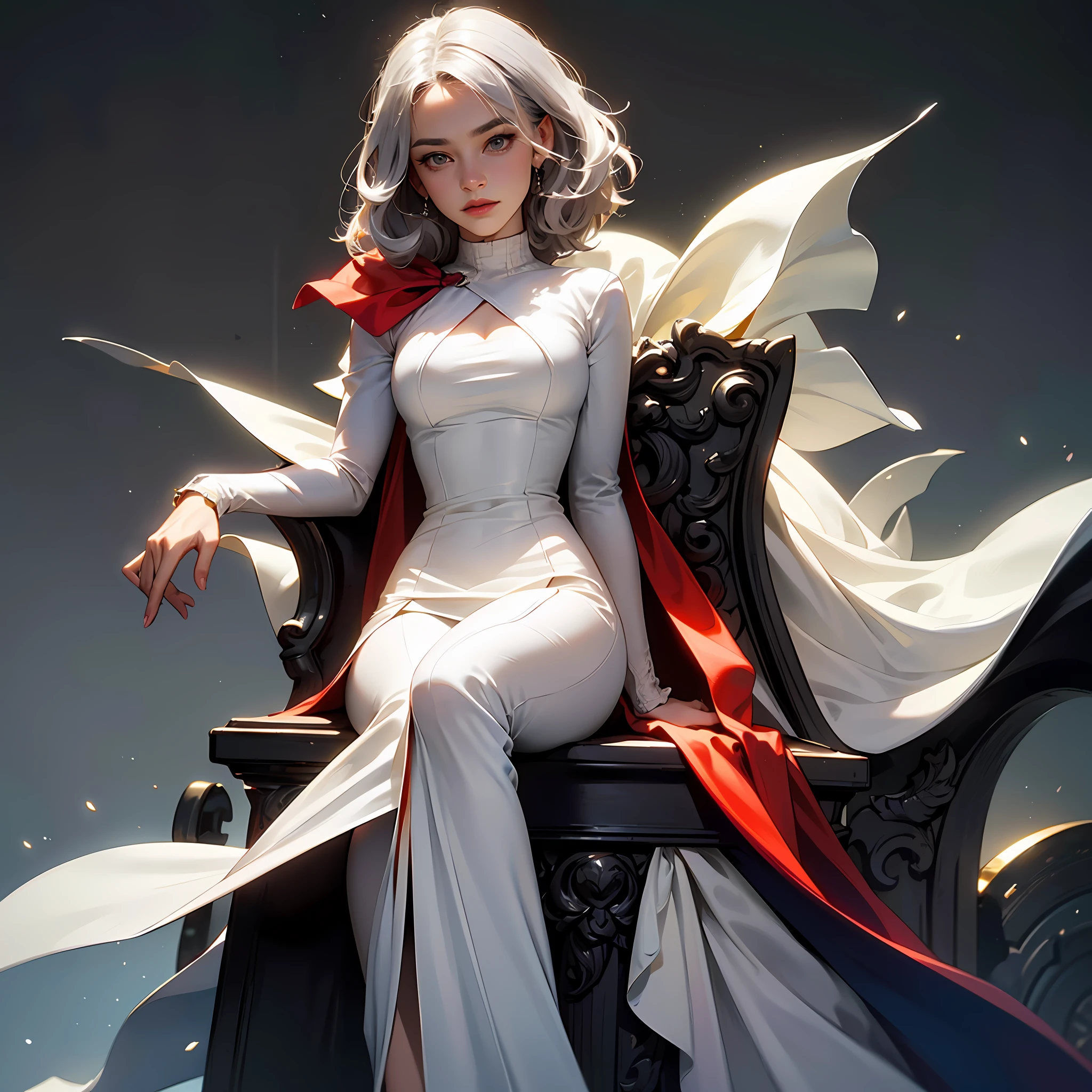 (Extreme Detail CG Unity 8K wallpaper, masterpiece, high quality), (Exquisite lighting and shadow, highly dramatic image, cinematic lens effect), a girl in a white costume, silver gray hair color, Wenger, Marvel, sitting on the couch, dynamic pose), (excellent detail, excellent lighting, wide angle), (excellent rendering, enough to stand out in your class), focus on white Spider-Man costumes, Complex spider textures --auto