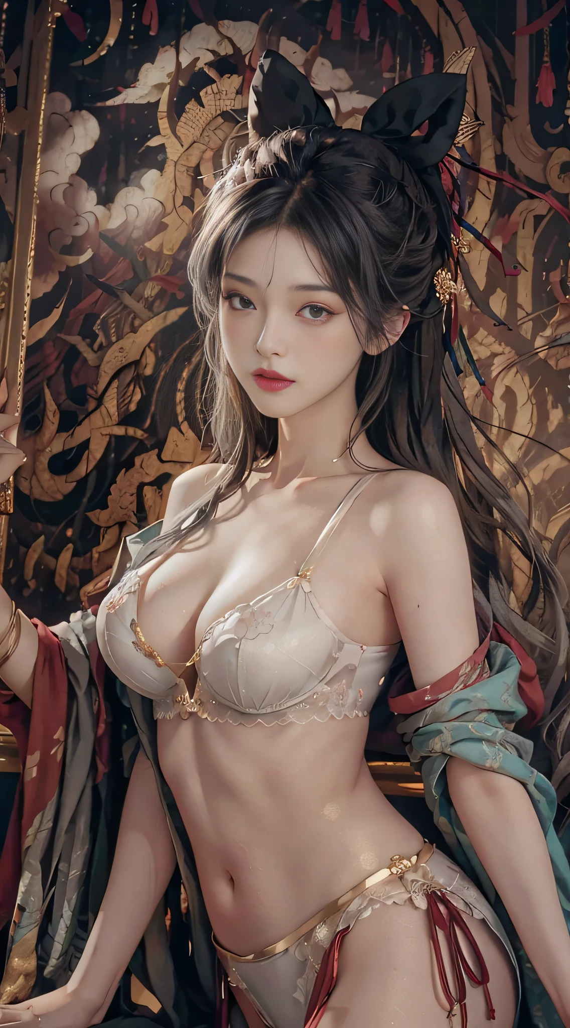 Clouds and mist in wonderland, (from the outside) (shiny skin), many colors, the best quality, masterpieces, realistic photos, intricate details, original photos, inside the plane, erotic lingerie, gray hair, extra-long hair, off-the-shoulders, in makeup, big breasts,