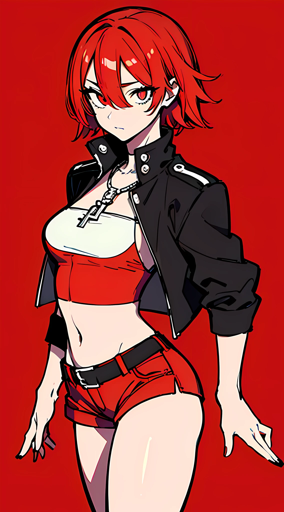 (masterpiece, best quality:1.6), solo, thick outline, (simple background, dark red background, monochrome, dark red theme:1.2), official art, key visual, 8k, absurdres, full body, (unique hair, punks jacket, hotpants, arch back, short torso:1.2), navel, thighs, cowboy shot, HDR, sharp focus, highres, highest detailed, extreme detailed, ultra detailed, finely detail, detailed eyes and face, sharp pupils, realistic pupils