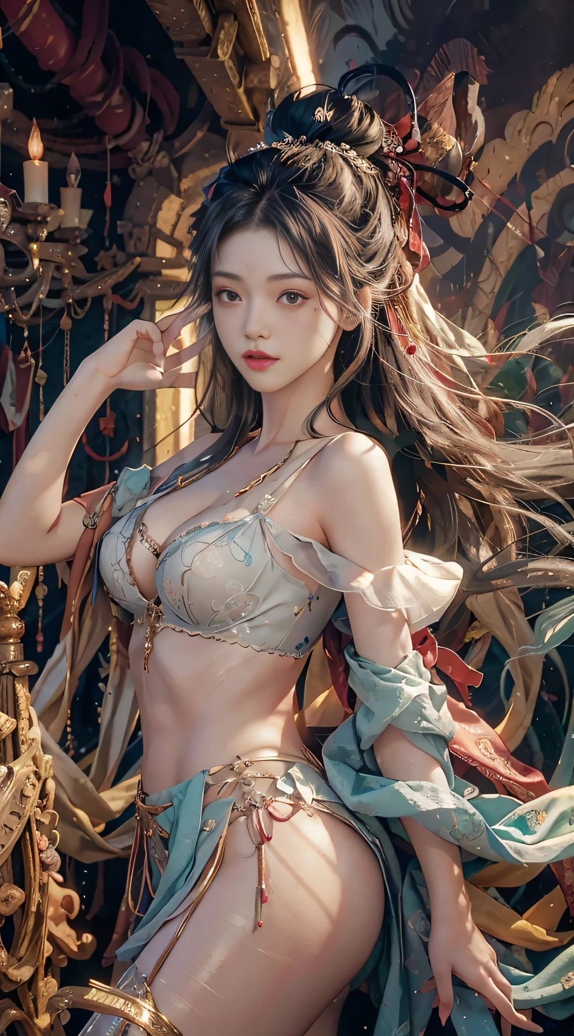 Clouds and mist in wonderland, (from the outside) (shiny skin), many colors, the best quality, masterpieces, realistic photos, intricate details, original photos, inside the plane, erotic lingerie, gray hair, extra-long hair, off-the-shoulders, in makeup, big breasts,