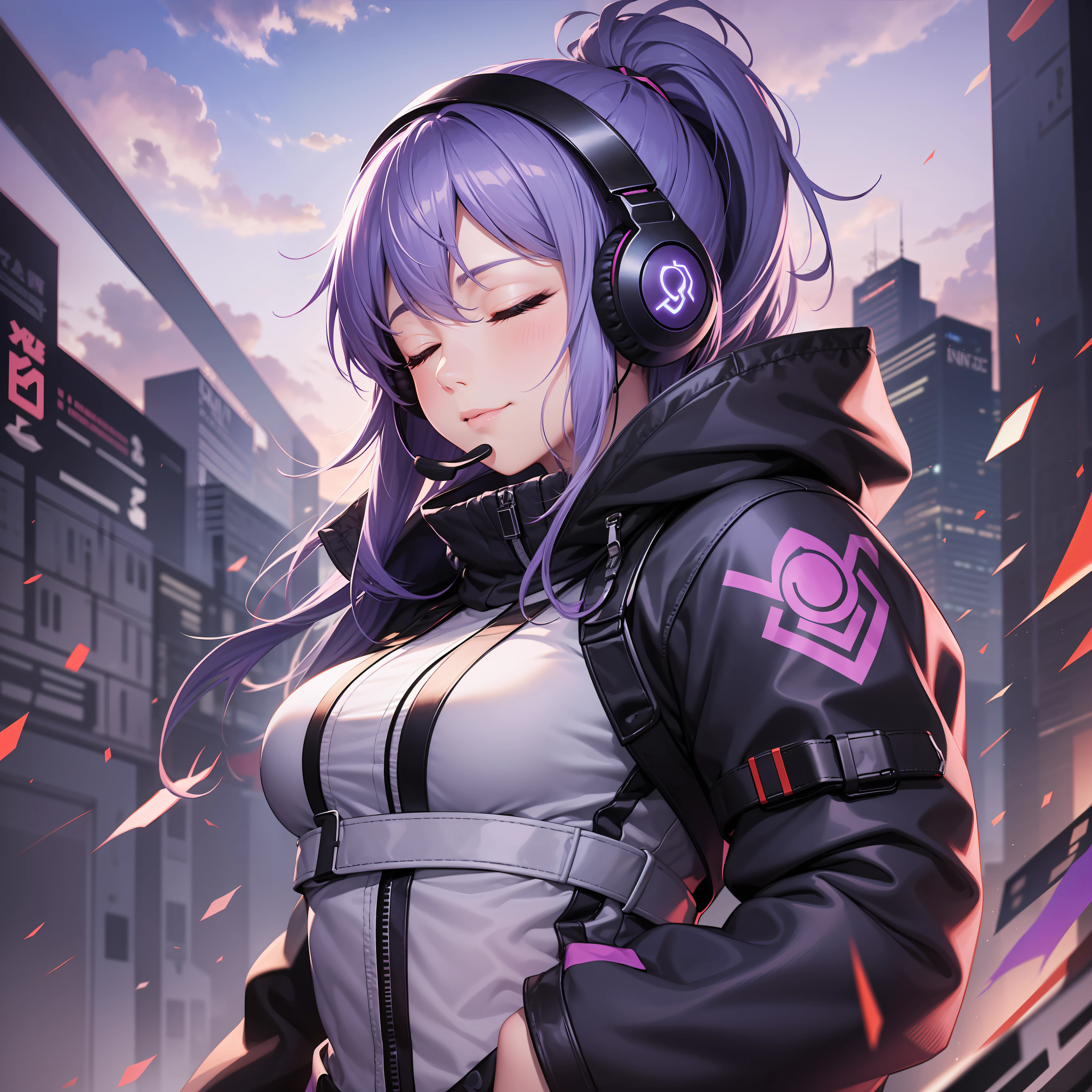 Ninja woman with peace sense headset, closed eyes, beautiful face, RGB colors, bright purple hair, anime, bright background, banner for youtube video, happy girl, clouds with RGB colors, bright RGB colors, full.