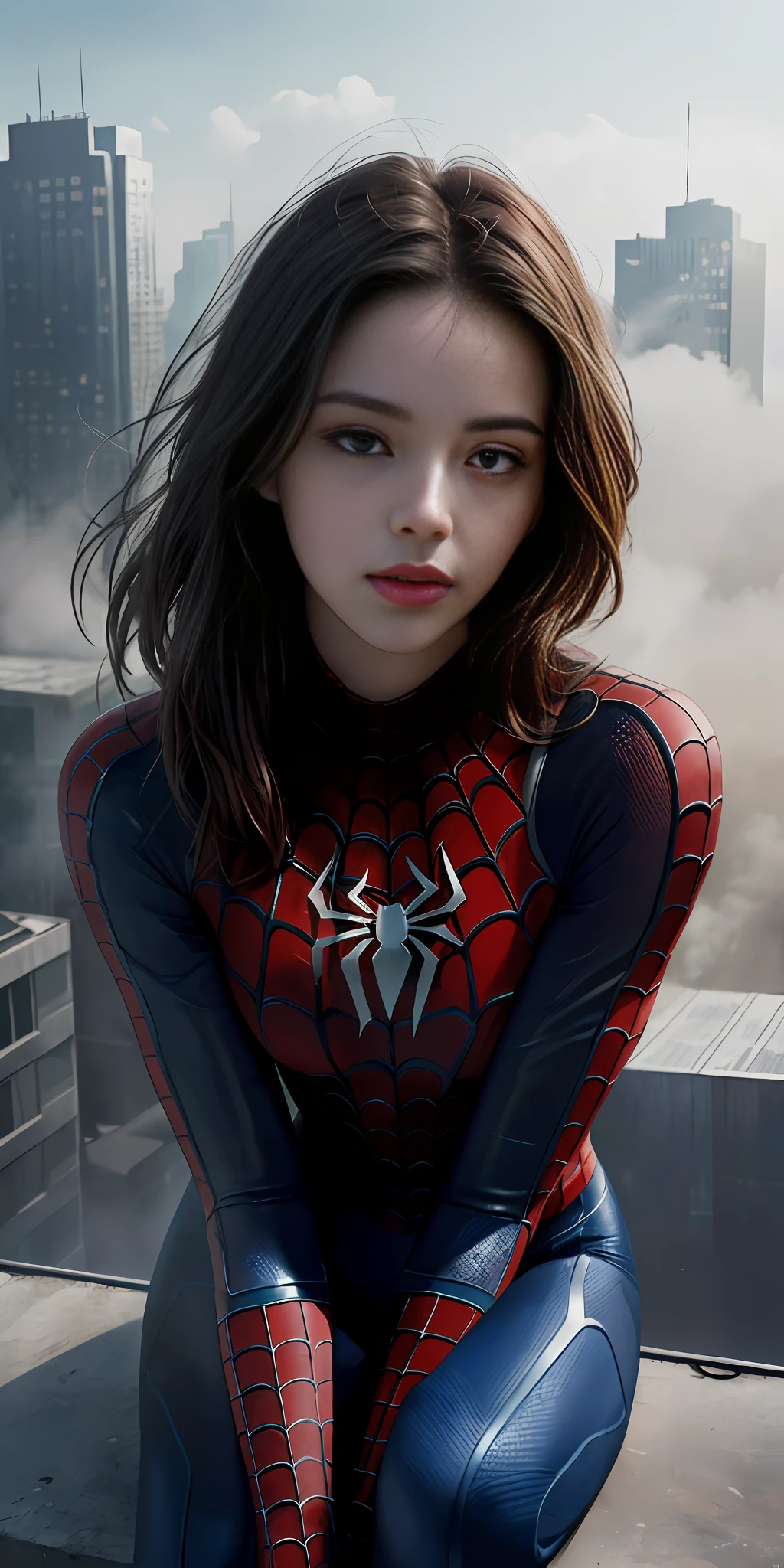 (1girl:1.3), Solo, (((Very detailed face)))), ((Very detailed eyes and face)))), Beautiful detail eyes, Body parts__, Official art, Unified 8k wallpaper, Super detailed, beautiful and beautiful, beautiful, masterpiece, best quality, original, masterpiece, super fine photo, best quality, super high resolution, realistic realism, sunlight, full body portrait, amazing beauty, dynamic pose, delicate face, vibrant eyes, (from the front), She wears Spider-Man suit, red and black color scheme, spider, very detailed city roof background, rooftop, overlooking the city, detailed face, detailed complex busy background, messy, gorgeous, milky white, highly detailed skin, realistic skin details, visible pores, clear focus, volumetric fog, 8k uhd, DSLR, high quality, film grain, fair skin, photo realism, lomography, futuristic dystopian megalopolis, translucent