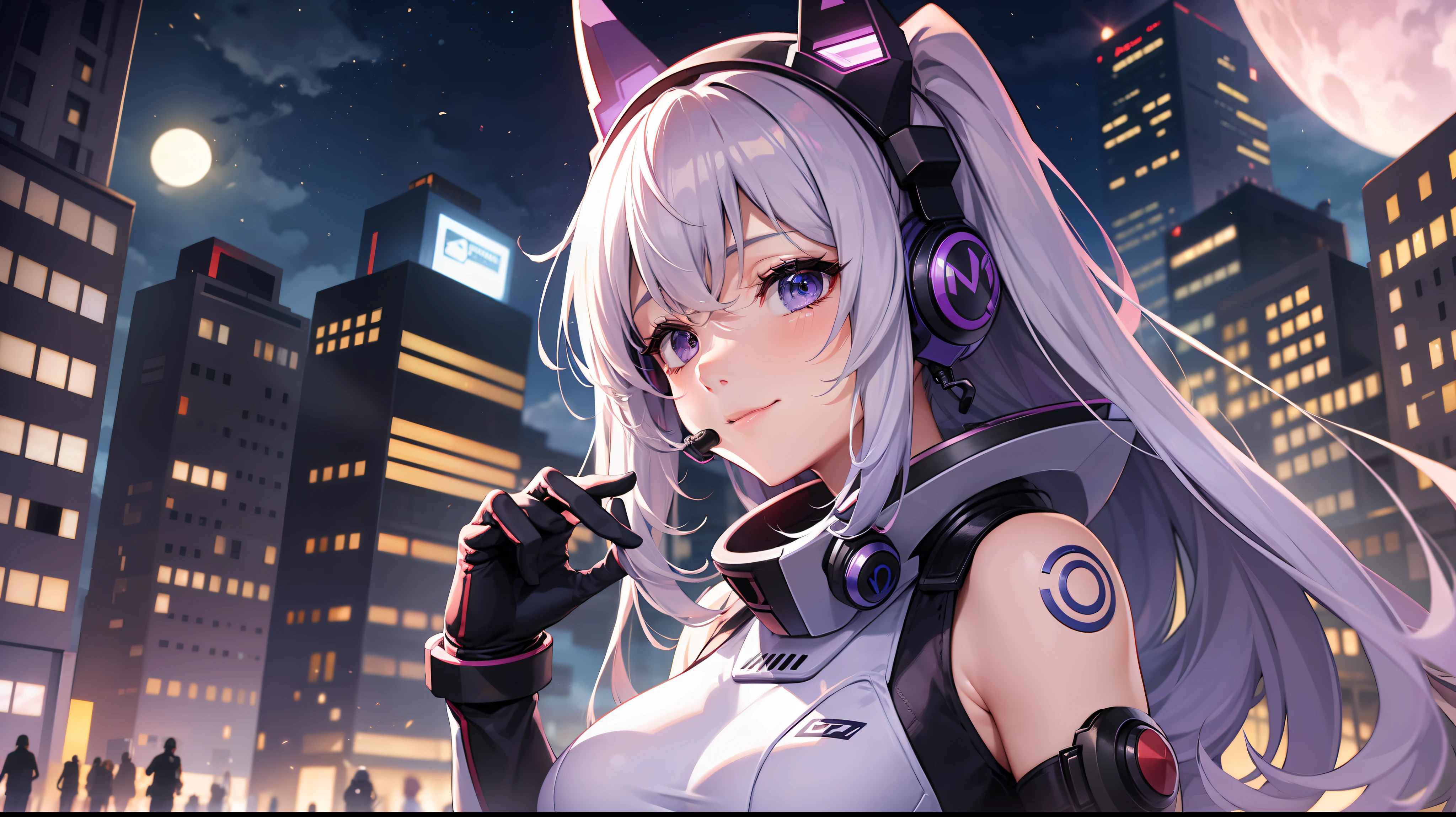 Ninja woman with peace sense headset, closed eyes, beautiful face, RGB colors, bright purple hair, anime, bright background, banner for youtube video, happy girl, clouds with RGB colors, bright RGB colors, full.