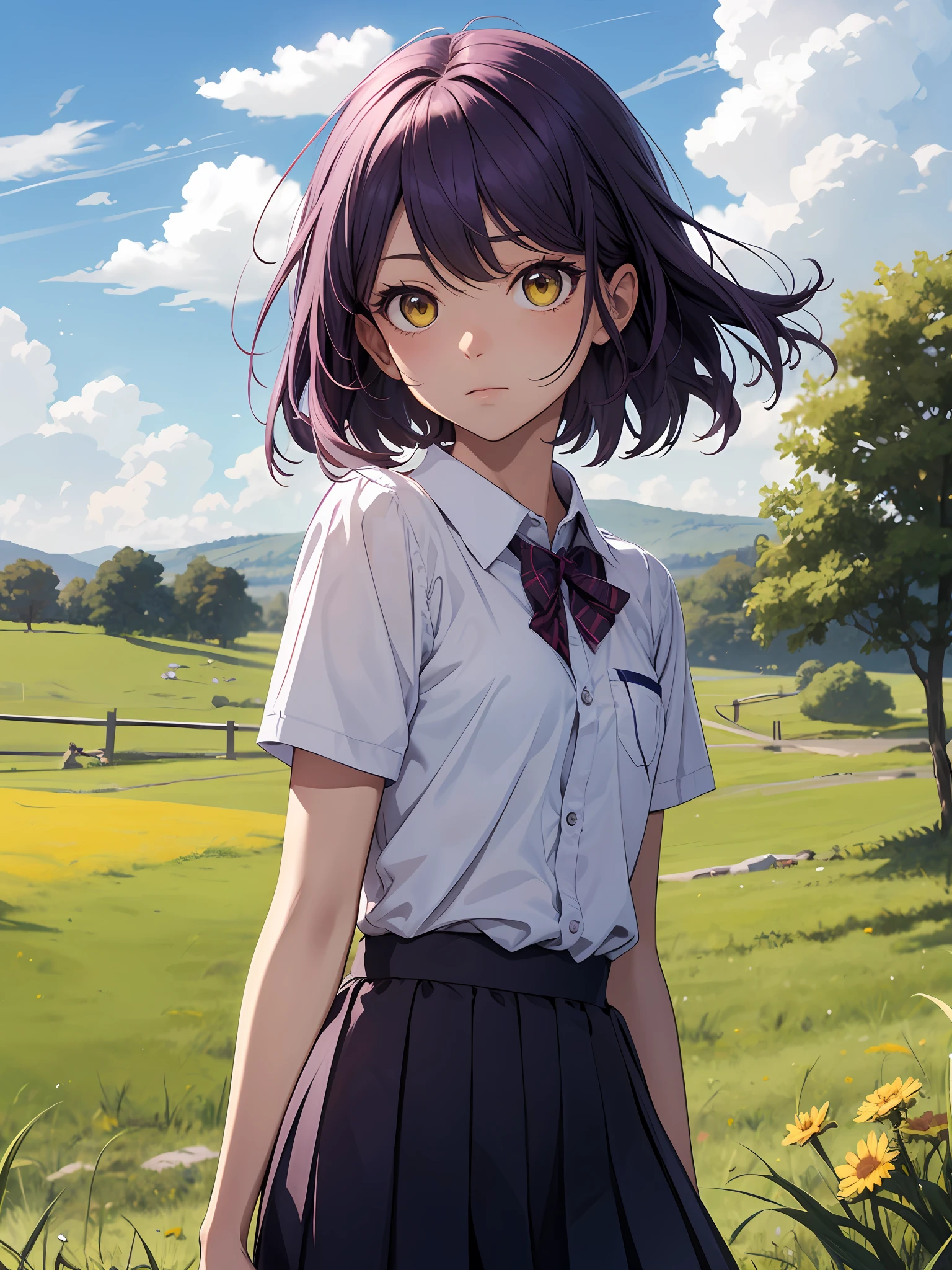 absurdity, super detailed, top quality, official art, break, solo, alone, purple hair, yellow eyes, break, summer, countryside, clouds, break, short sleeves, school uniform, break, honeycomb, break, brown skin,