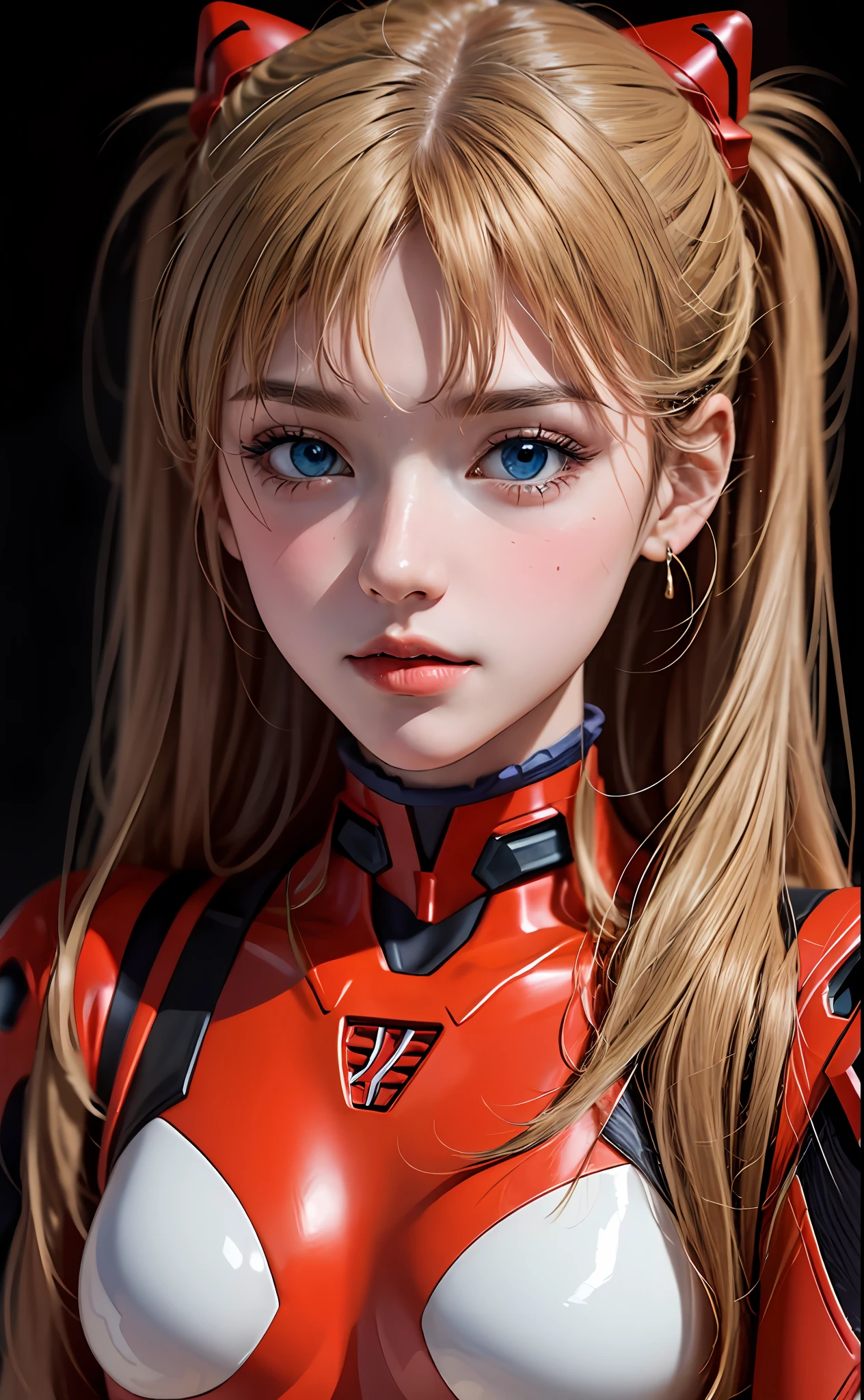 (Masterpiece: 1.4, top quality), (intricate details), Unity8k wallpaper, super detailed, beautiful and mysterious, detailed background, realistic, solo, perfect detail face, detailed blue eyes, very detailed, blush, hair ornament, chignon mahogany hair, (blonde hair), plug suit 02,Shikinami Asuka Langley, Evangelion, slender 15-year-old girl, full body suit, black background
