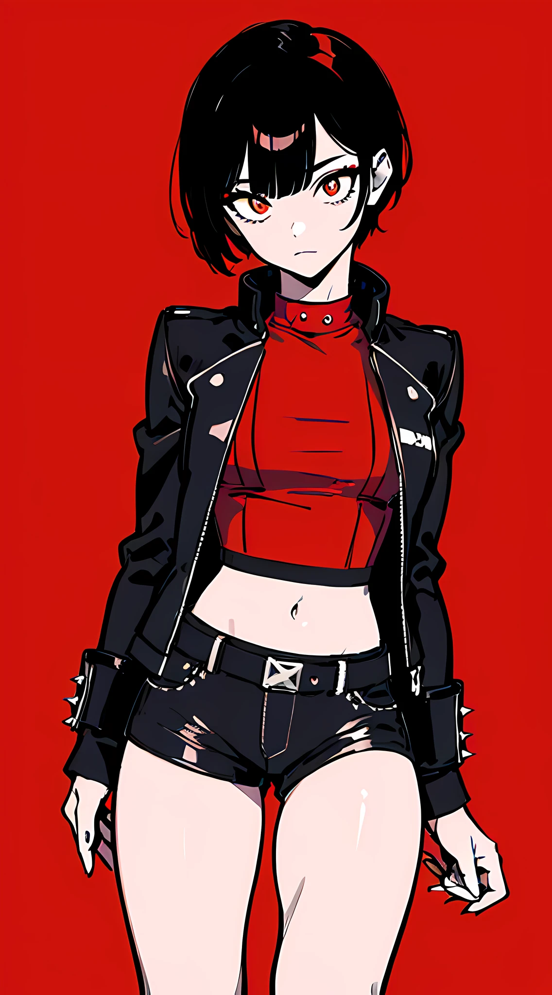 (masterpiece, best quality:1.6), solo, thick outline, (simple background, dark red background, monochrome, dark red theme:1.2), official art, key visual, 8k, absurdres, full body, (unique hair, punks jacket, hotpants, arch back, short torso:1.2), navel, thighs, cowboy shot, HDR, sharp focus, highres, highest detailed, extreme detailed, ultra detailed, finely detail, detailed eyes and face, sharp pupils, realistic pupils