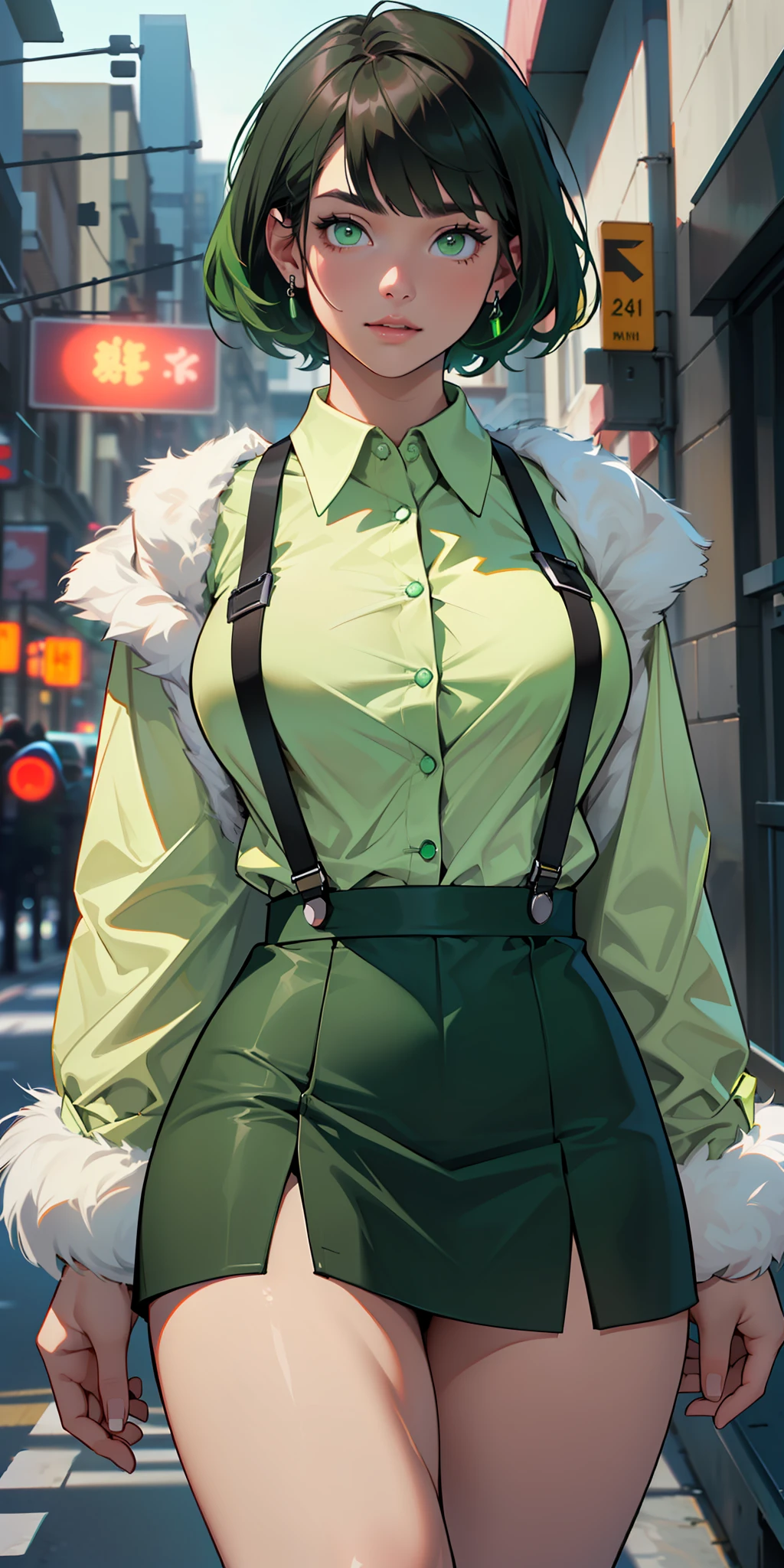 The best possible quality ((high resolution 8k)),a beautiful woman, the most beautiful girl, the best, beautiful short hair, short hair with bangs, ((very well detailed green eyes)),((,with a white blouse, suspenders, very dark green mini skirt)),((with a long white and dark green fur coat)),walking, ((with a blouse, dark green mini skirt),  very large breasts