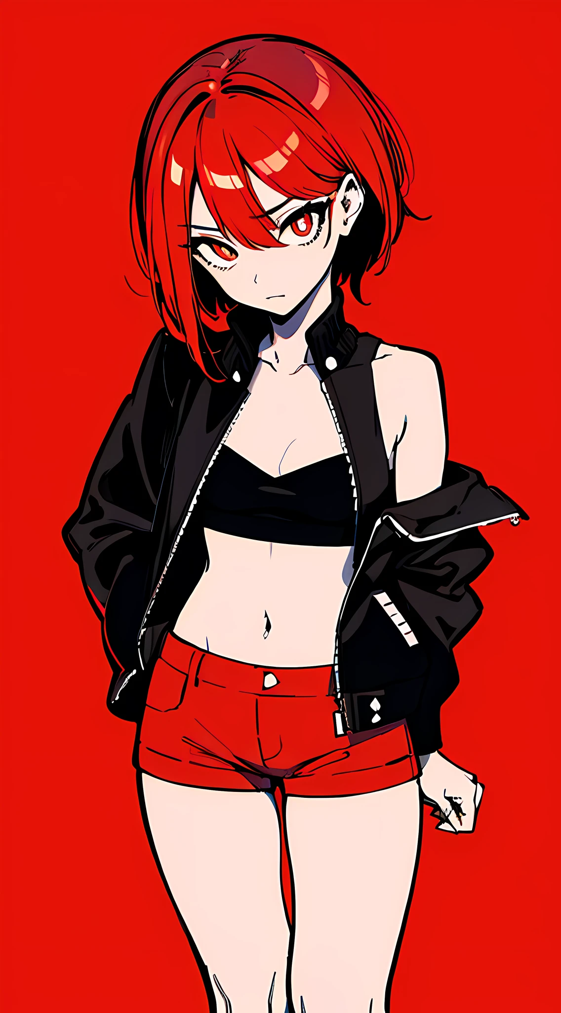 (masterpiece, best quality:1.6), solo, thick outline, (simple background, dark red background, monochrome, dark red theme:1.2), official art, key visual, 8k, absurdres, full body, (unique hair, punks jacket, hotpants, arch back, short torso:1.2), navel, thighs, cowboy shot, HDR, sharp focus, highres, highest detailed, extreme detailed, ultra detailed, finely detail, detailed eyes and face, sharp pupils, realistic pupils