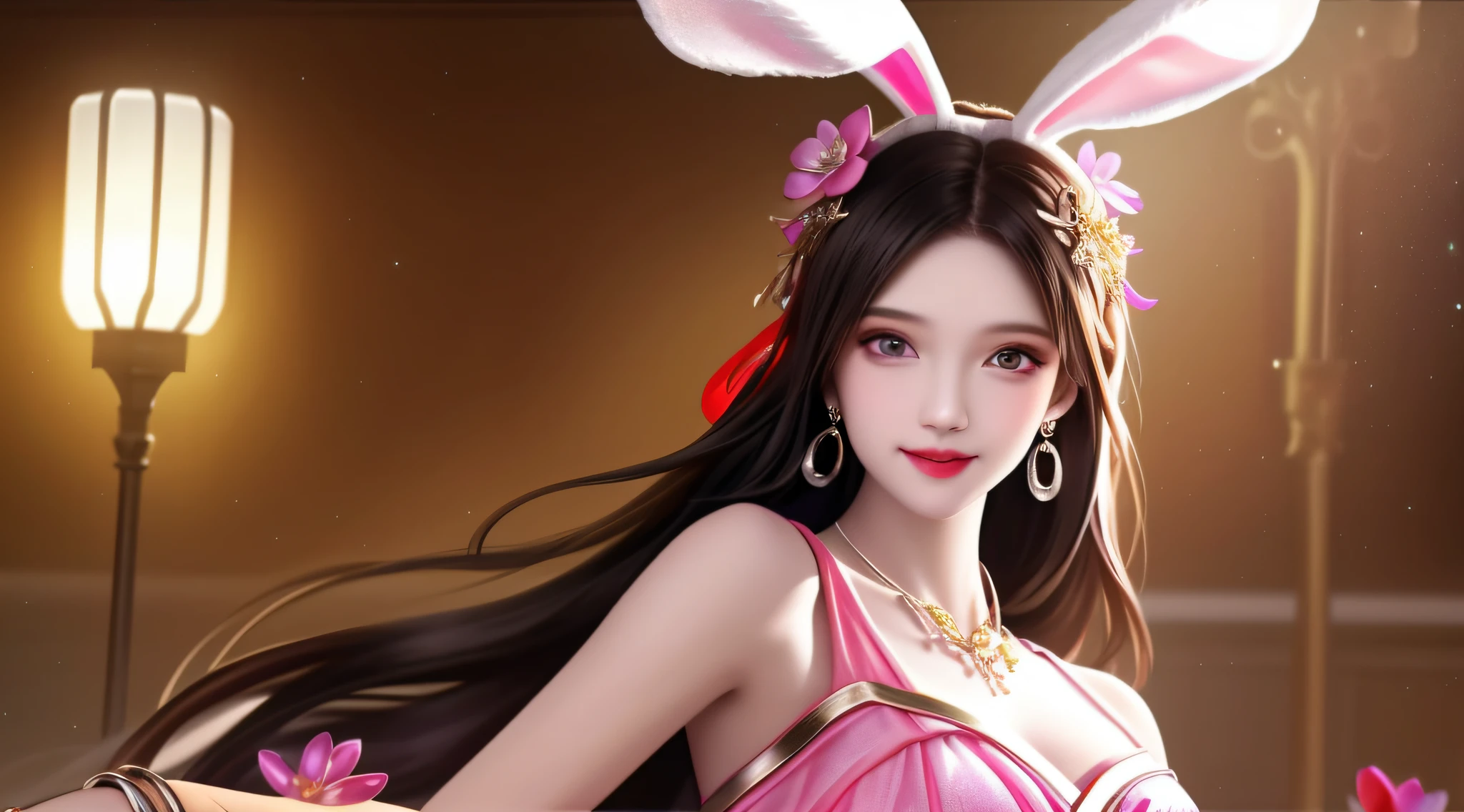 Best quality, masterpiece, high resolution, 1girl, clear pink silk porcelain dress, beautiful face, pink rabbit ear ,hair accessories, looking at the audience, smiling, close your mouth, lips,pink dress, hair accessories, necklaces, jewelry, long hair, earrings, on the body, Tindal effect, realism, dark studio, edge lighting, two-tone lighting, (high detail skin: 1.2), 8k UHD, DSLR, soft light, high quality, volumetric lighting, photo, high resolution 4K, 8k, blurred background