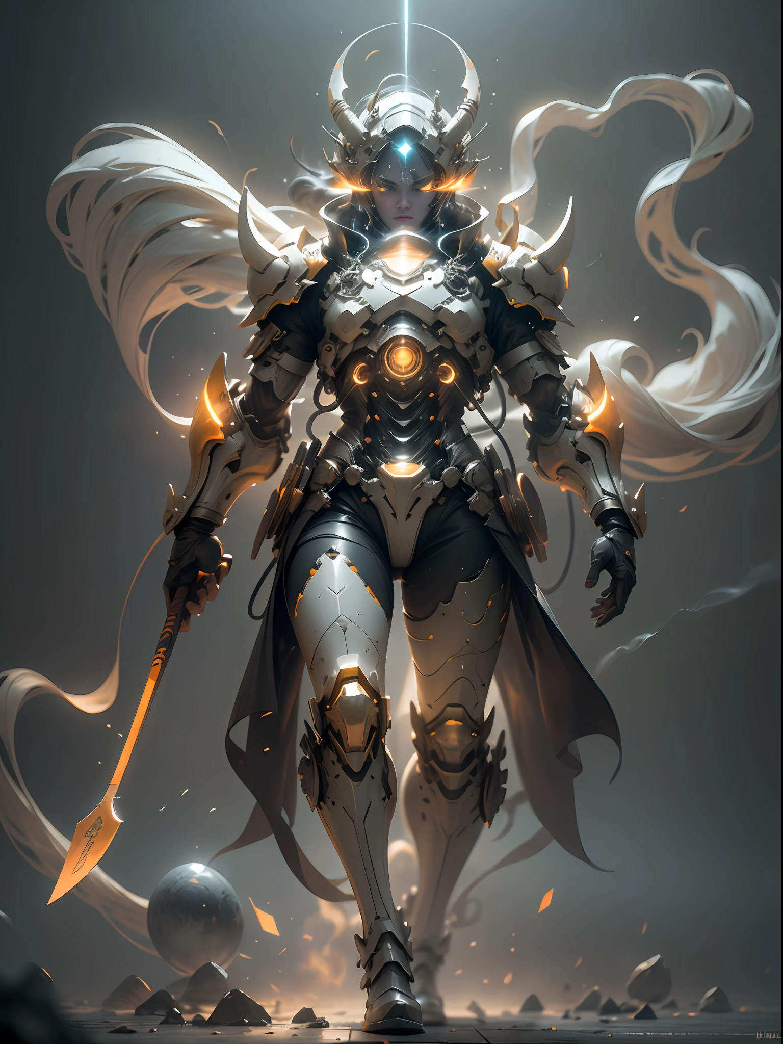 Ghost music mage holding pipa guzheng, super cool ghost mage, fuqin, guzheng, pipa, orange armor, wearing orange mechanical armor, smoke surrounding, musical notes, cloud smoke surrounding, glowing eyes, holding musical instruments, imposing walking, positive perspective, perfect body proportions, tall figure, tall height, full body photo, super detail, looking up view, IP by pop mart, edge light, avatar, octane rendering, blender, full body, clean black background, 3d, c4d, Best Quality, Very Detailed, Ancient Technology, HDR (High Dynamic Range), Ray Tracing, NVIDIA RTX, Super Resolution, Unreal 5, Subsurface Scattering, PBR Textures, Post-processing, Anisotropic Filtering, Depth of Field, Maximum Clarity and Acutance, Multi-layer Textures, Albedo and Highlight Maps, Surface Shading, Accurate Simulation of Light-Material Interactions, Perfect Proportions, Octane Rendering, Two-tone Lighting, Low ISO, White Balance, Rule of Thirds, Wide Aperture, 8K RAW, High Efficiency Subpixels, Subpixel convolution, luminescent particles, light scattering, Tyndall effect