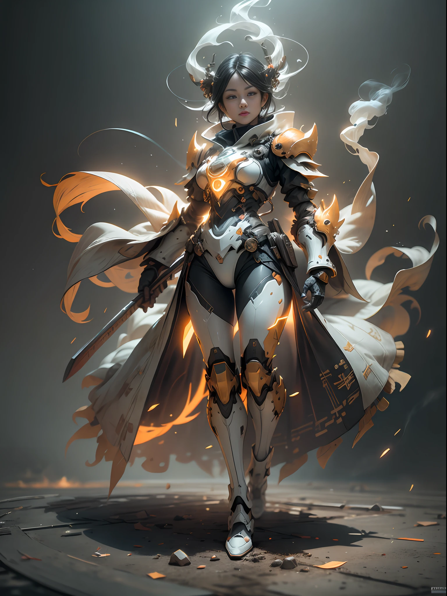 Ghost music mage holding pipa guzheng, super cool ghost mage, fuqin, guzheng, pipa, orange armor, wearing orange mechanical armor, smoke surrounding, musical notes, cloud smoke surrounding, glowing eyes, holding musical instruments, imposing walking, positive perspective, perfect body proportions, tall figure, tall height, full body photo, super detail, looking up view, IP by pop mart, edge light, avatar, octane rendering, blender, full body, clean black background, 3d, c4d, Best Quality, Very Detailed, Ancient Technology, HDR (High Dynamic Range), Ray Tracing, NVIDIA RTX, Super Resolution, Unreal 5, Subsurface Scattering, PBR Textures, Post-processing, Anisotropic Filtering, Depth of Field, Maximum Clarity and Acutance, Multi-layer Textures, Albedo and Highlight Maps, Surface Shading, Accurate Simulation of Light-Material Interactions, Perfect Proportions, Octane Rendering, Two-tone Lighting, Low ISO, White Balance, Rule of Thirds, Wide Aperture, 8K RAW, High Efficiency Subpixels, Subpixel convolution, luminescent particles, light scattering, Tyndall effect