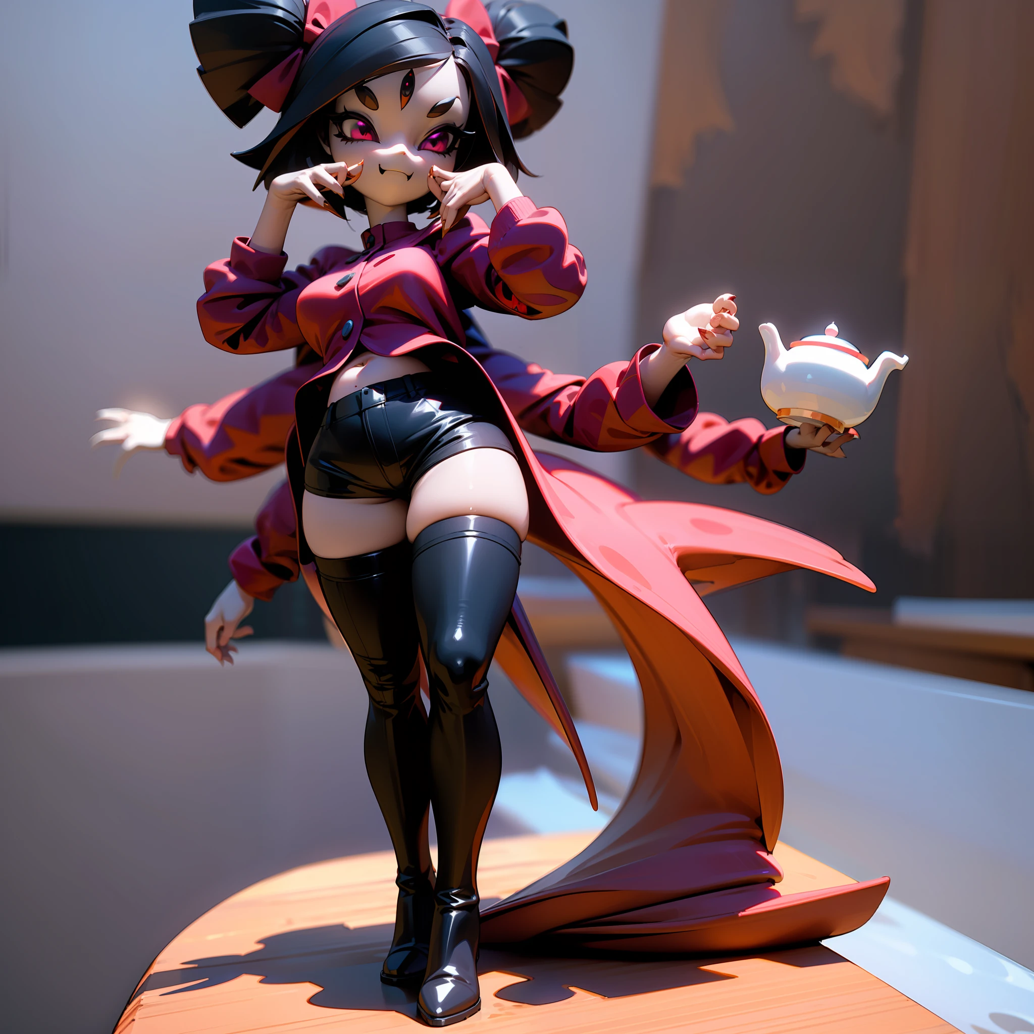 [muffet_(undertale)], [uploaded to e621.net; (napalm_express), (iseenudepeople)], ((High definition)), ((detailed shading)), ((beautiful solo portrait)), ((full body)), ((raw photo)), ((beautiful 3D art)), ((monster girl)), {(attractive); purple skin, glowing red eyes, 5 eyes, black hair, (2 hair buns), (6 arms), (sharp claws), (excited expression)}, {red blouse, red puffy shorts, black knee high heel boots}, {(walking), (holding teacup), (attractive pose)}, [Background; (cave1.2), (webs), (dark), (spiders), nighttime]