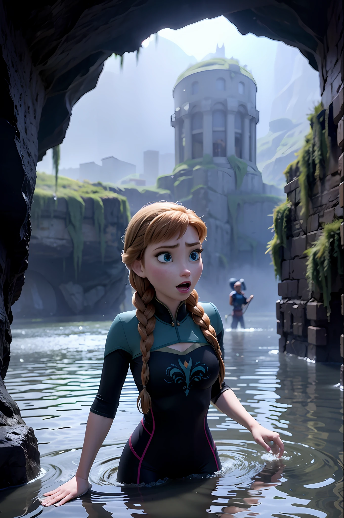 Photo of Anna of Arendelle wearing Blue gym outfit, immobilized in the air by tentacles, in a scary flooded cavern , not enjoying herself, sad look, ashamed