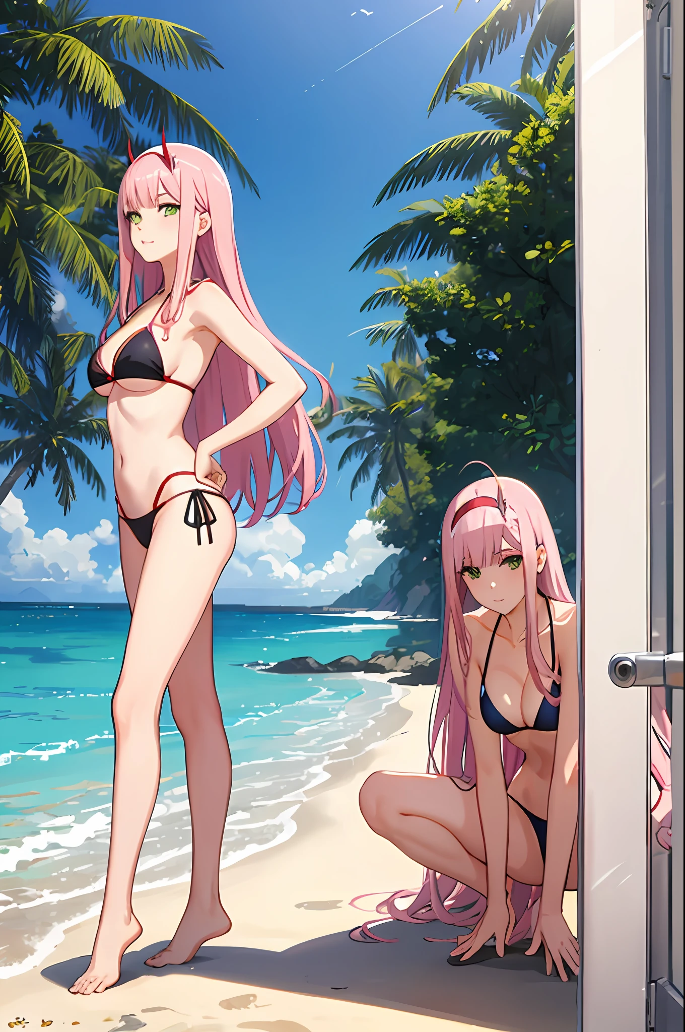 zero two, side tie bikini, medium breast, slim legs, sunny day, Beach, leaning, beautiful eyes, green eyes, nervous