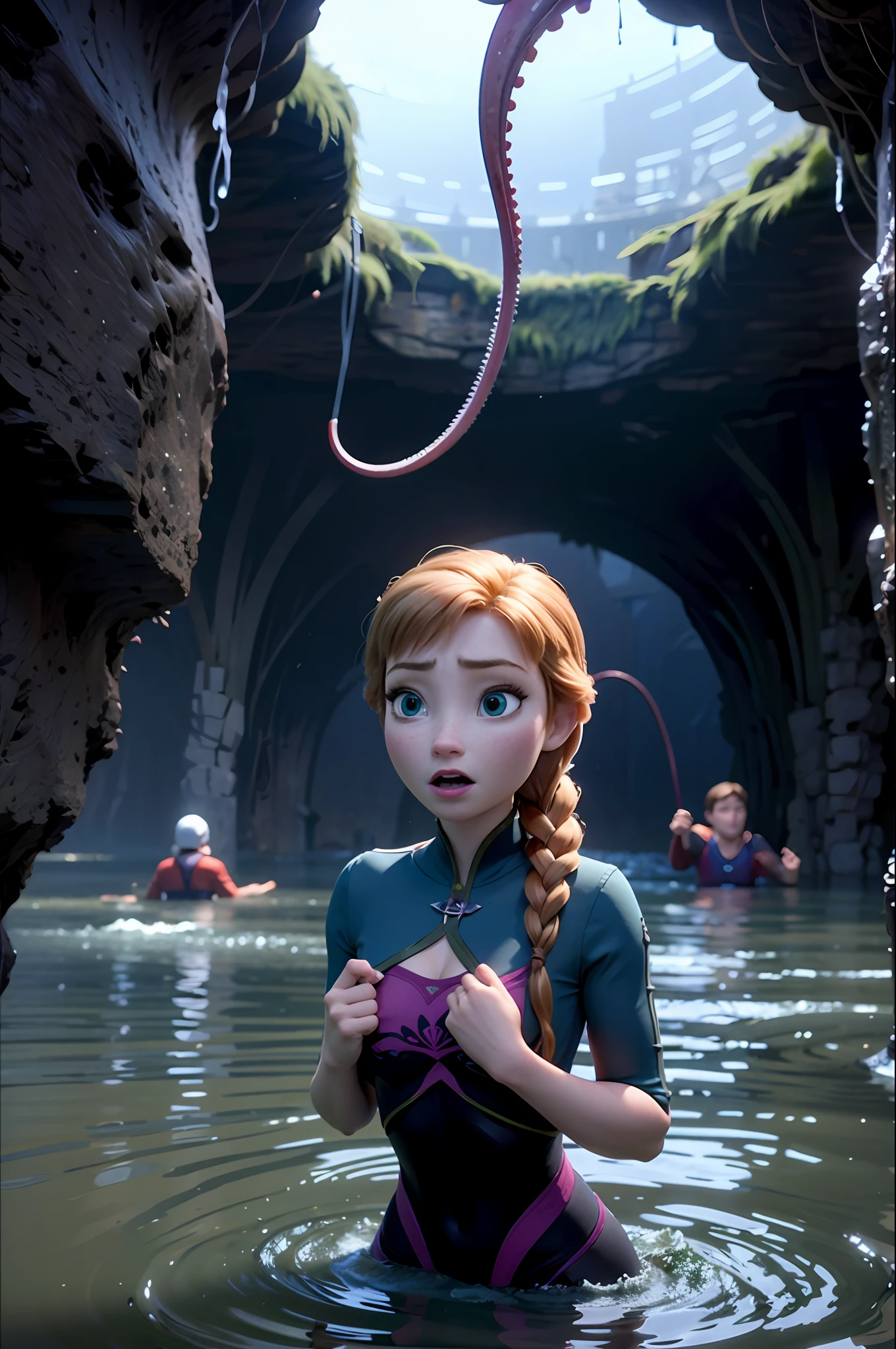 Photo of Anna of Arendelle wearing Blue gym outfit, immobilized in the air by tentacles, in a scary flooded cavern , not enjoying herself, sad look, ashamed