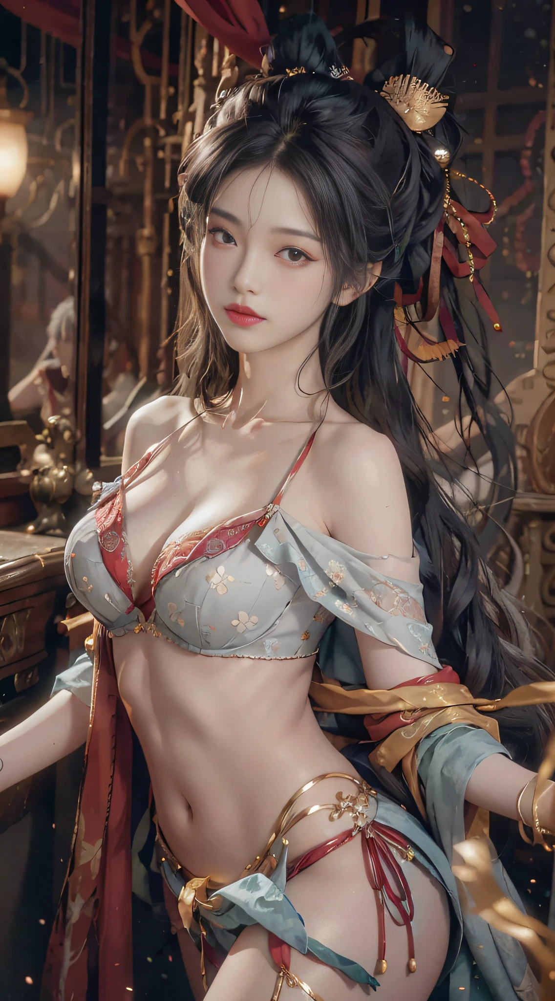 (from the outside) (shiny skin), many colors, best quality, masterpieces, realistic photos, intricate details, original photos, inside the plane, erotic lingerie, gray hair, extra-long hair, off-the-shoulder, in makeup, big breasts,
