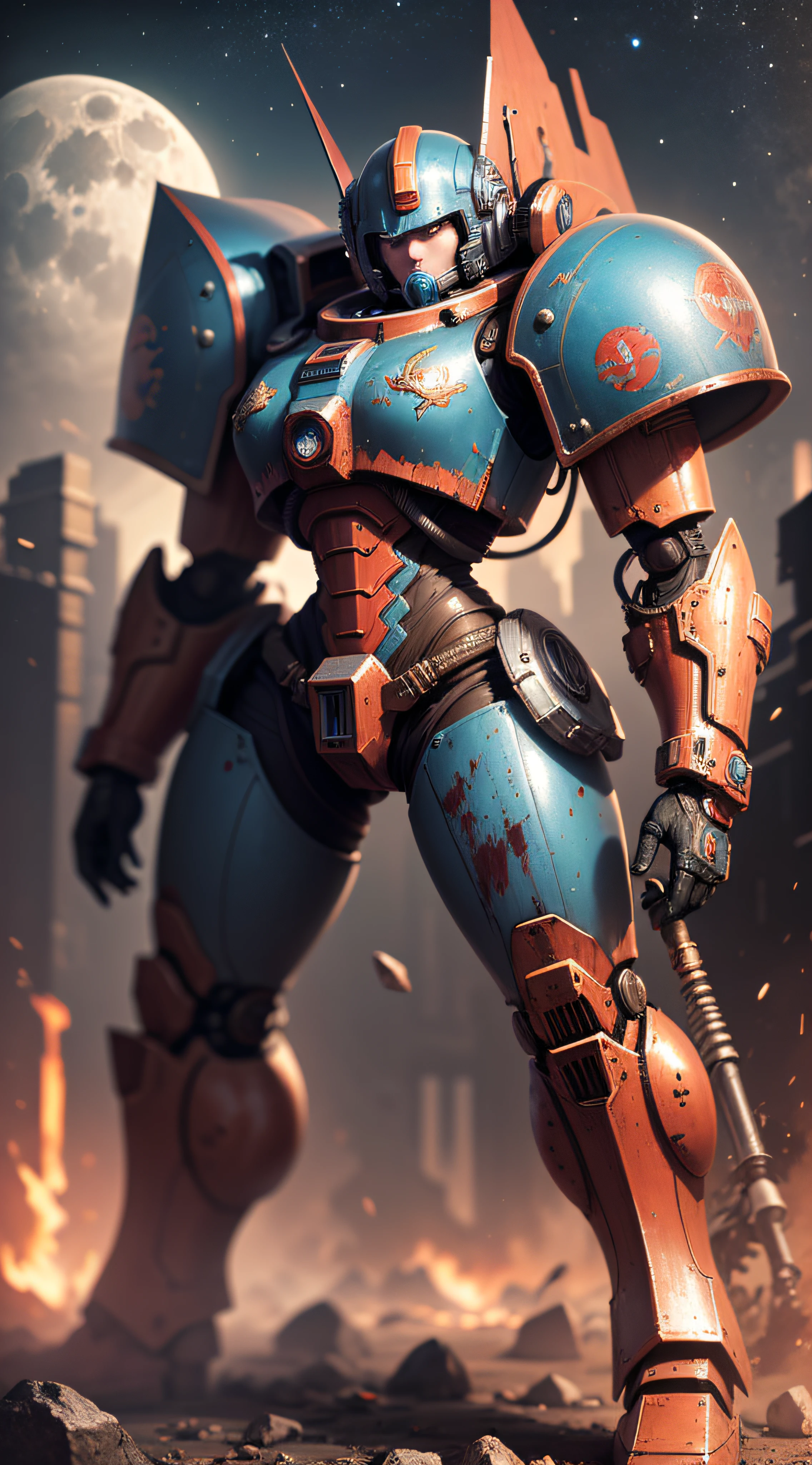 Space Marine, Harhammer 40,000, World at War, Beautiful Cyberpunk Woman with Very Detailed Mecha Treatment, Vibrant Colors, Metallic Red, Bloodstained, With Sky With Clouds And Full Moon, Full Body With Detailed Armor,