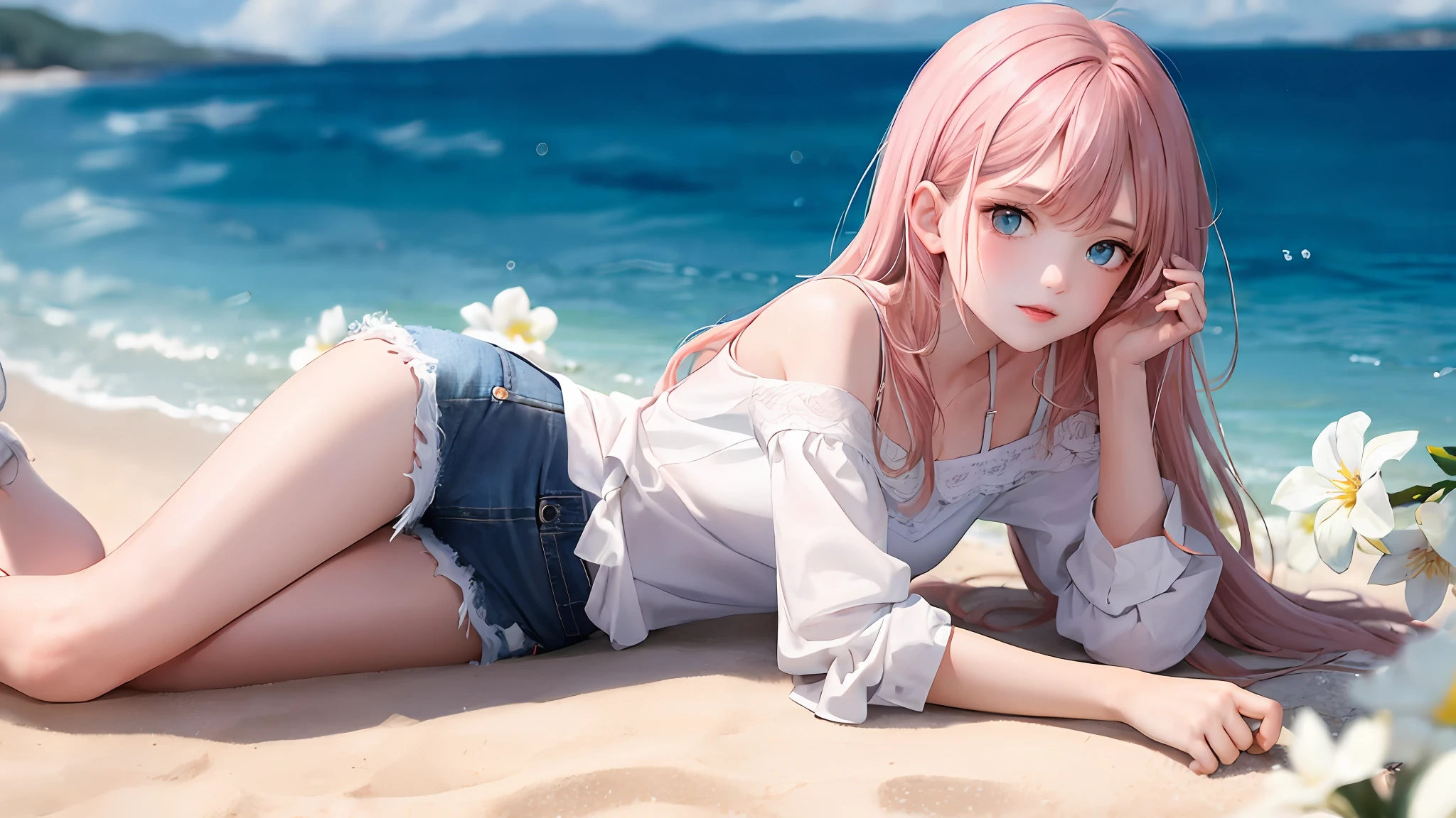 1girl, (masterpiece:1.1), (best quality:1.1), (white blouse:1.1), BREAK [blue:pink:0.5] theme, cowboy shot, full body, sideways view, looking at the audience, break pink hair, long hair, delicate facial features, blue eyes, white flowers, white top, denim miniskirt, white sneakers, lying on your side, beach, selling cute