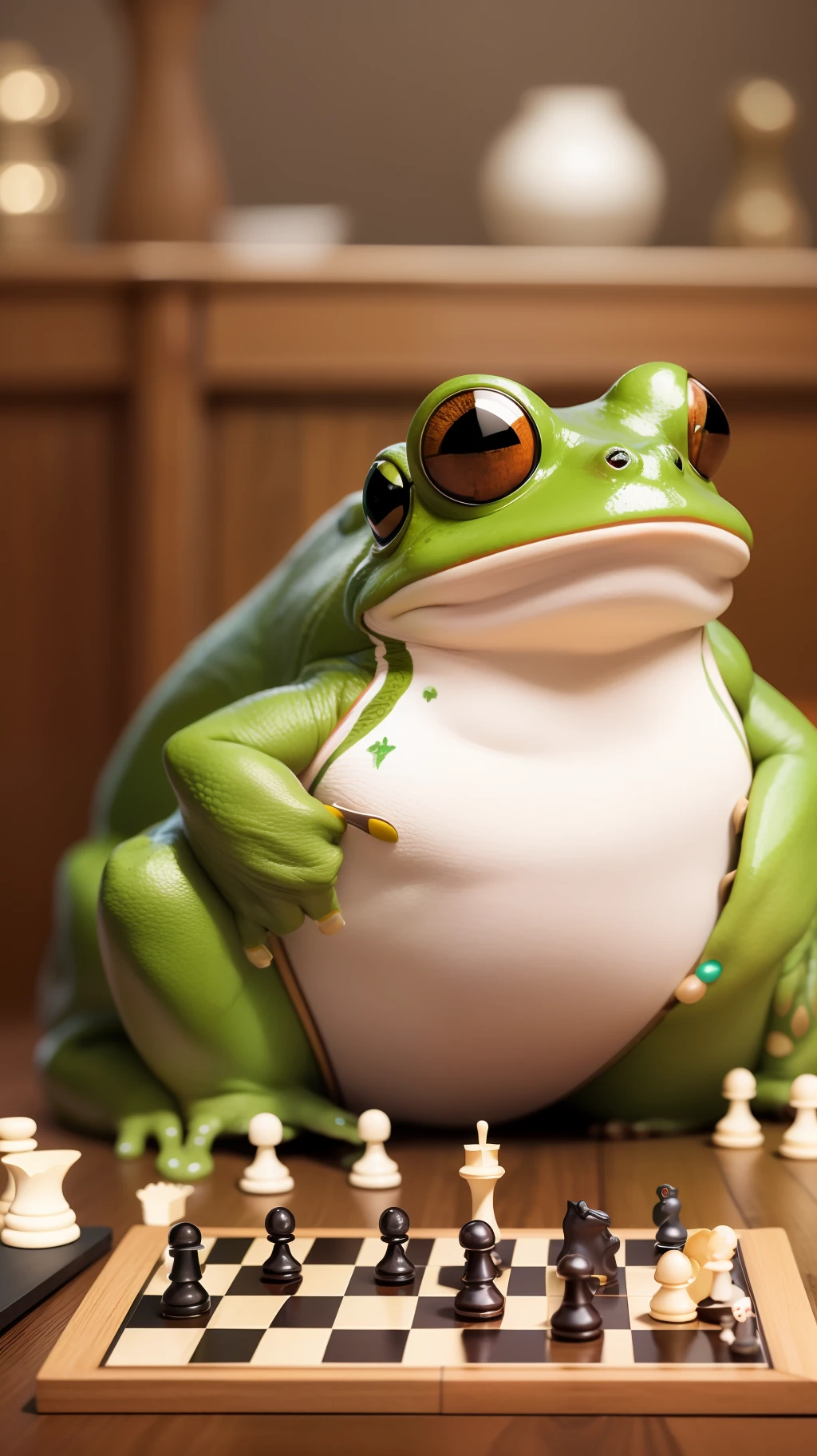 Realistic fat frog playing chess. Add interesting details to the image. Image in 4k.